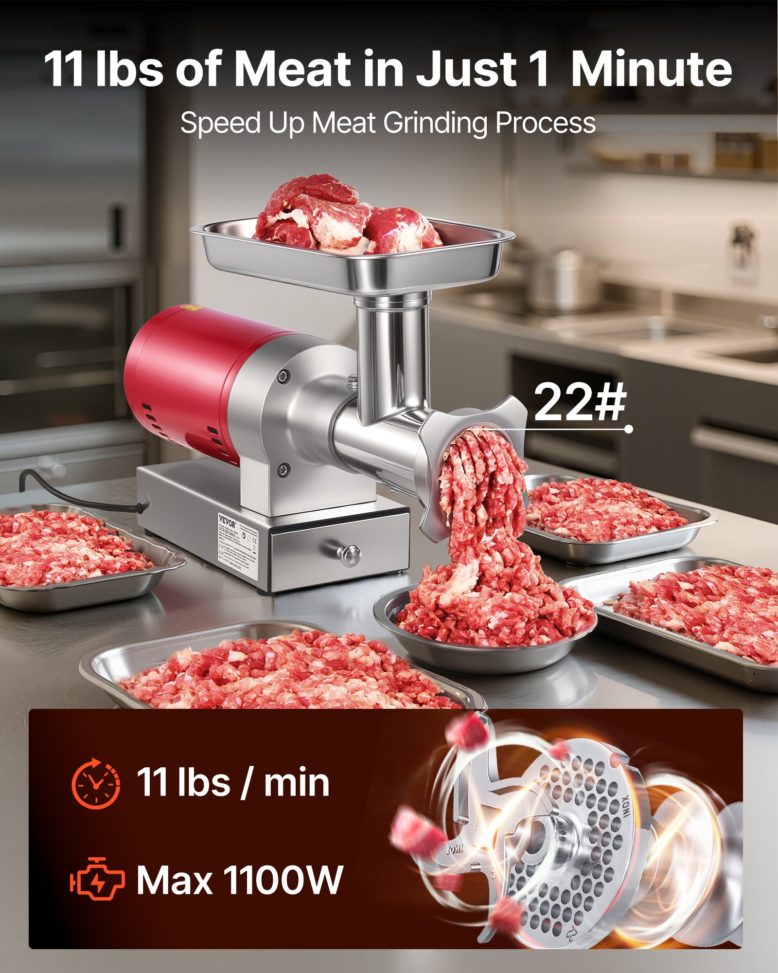 VEVOR Electric Meat Grinder, 661 Lbs/Hour800 W Meat Grinder Machine, 1.5 HP Electric Meat Mincer with 2 Grinding Plates, Sausage Kit Set Meat Grinder Heavy Duty, Home Kitchen & Commercial Use Red