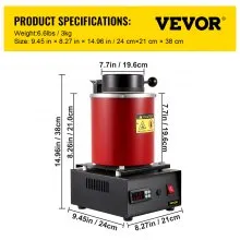 VEVOR Horno de Fusión de Oro 3 kg 1150 °C Horno de Fundición Eléctrico 1750 W Horno de Fusión Automático con Grafito para Fundición de Oro, Plata Pura, Cobre Puro, Aluminio en Industrias y Talleres