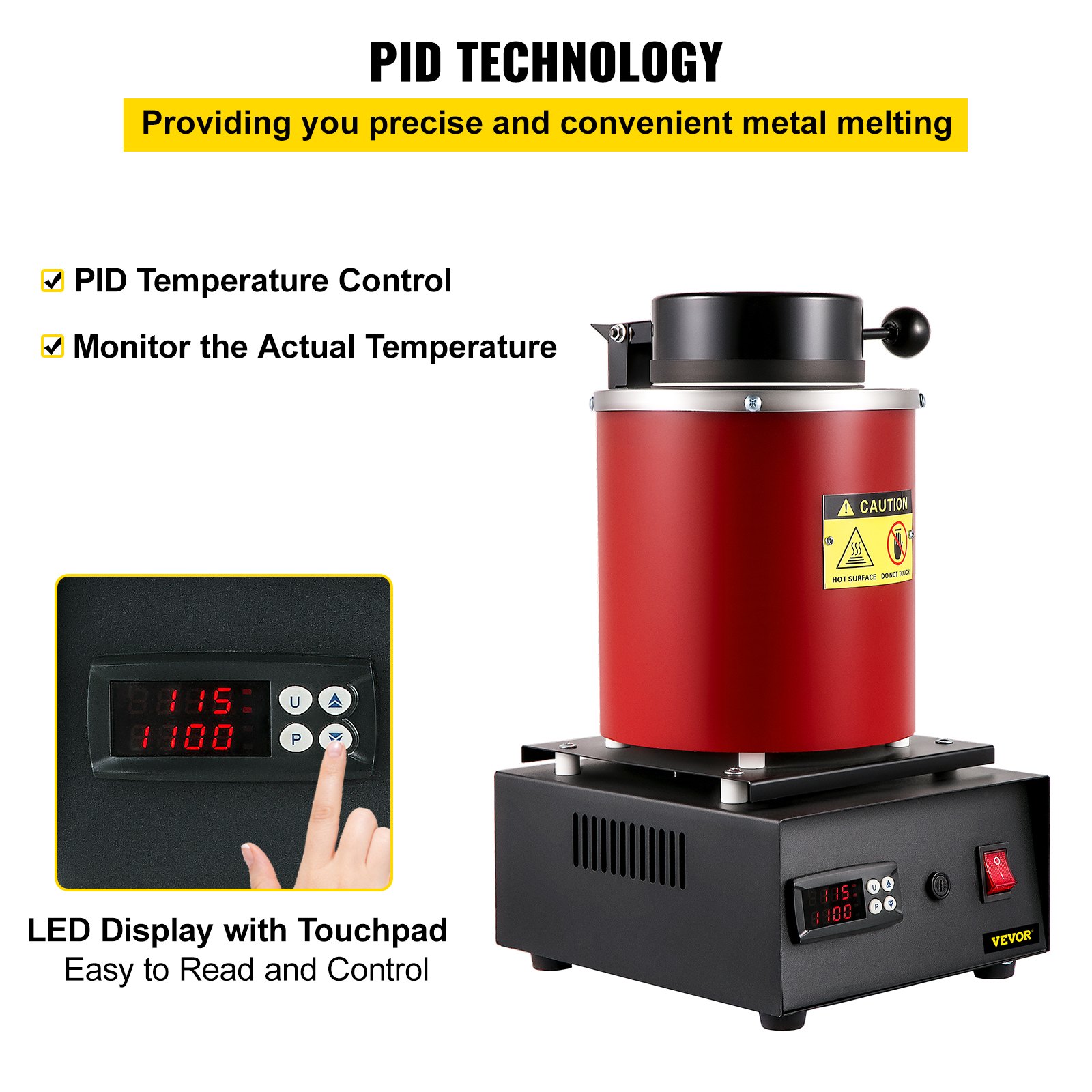 Horno de fusión eléctrico VEVOR con control de temperatura PID y pantalla táctil LED.