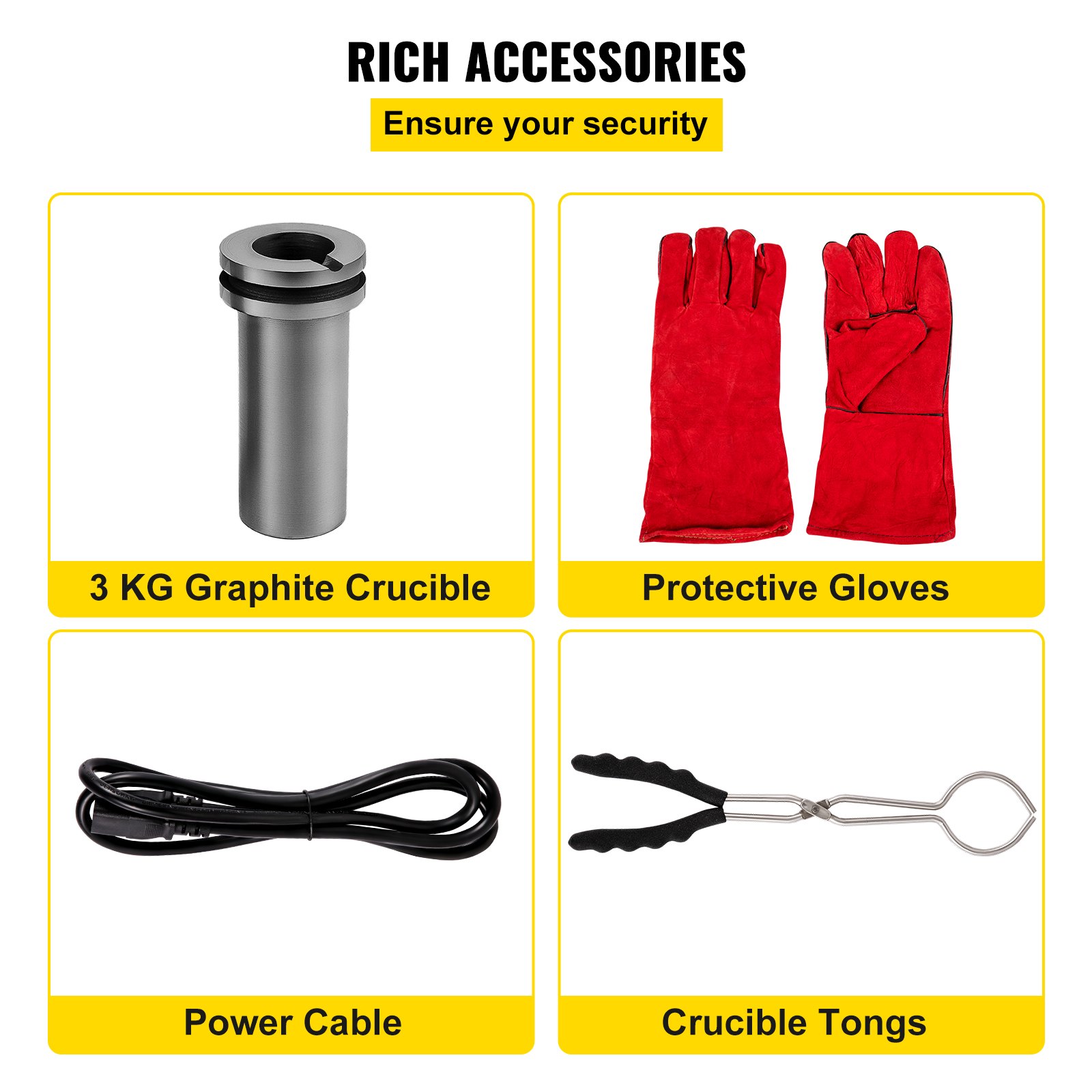 Accesorios para horno de fusión eléctrico VEVOR: crisol de grafito, guantes, cable de alimentación, pinzas.