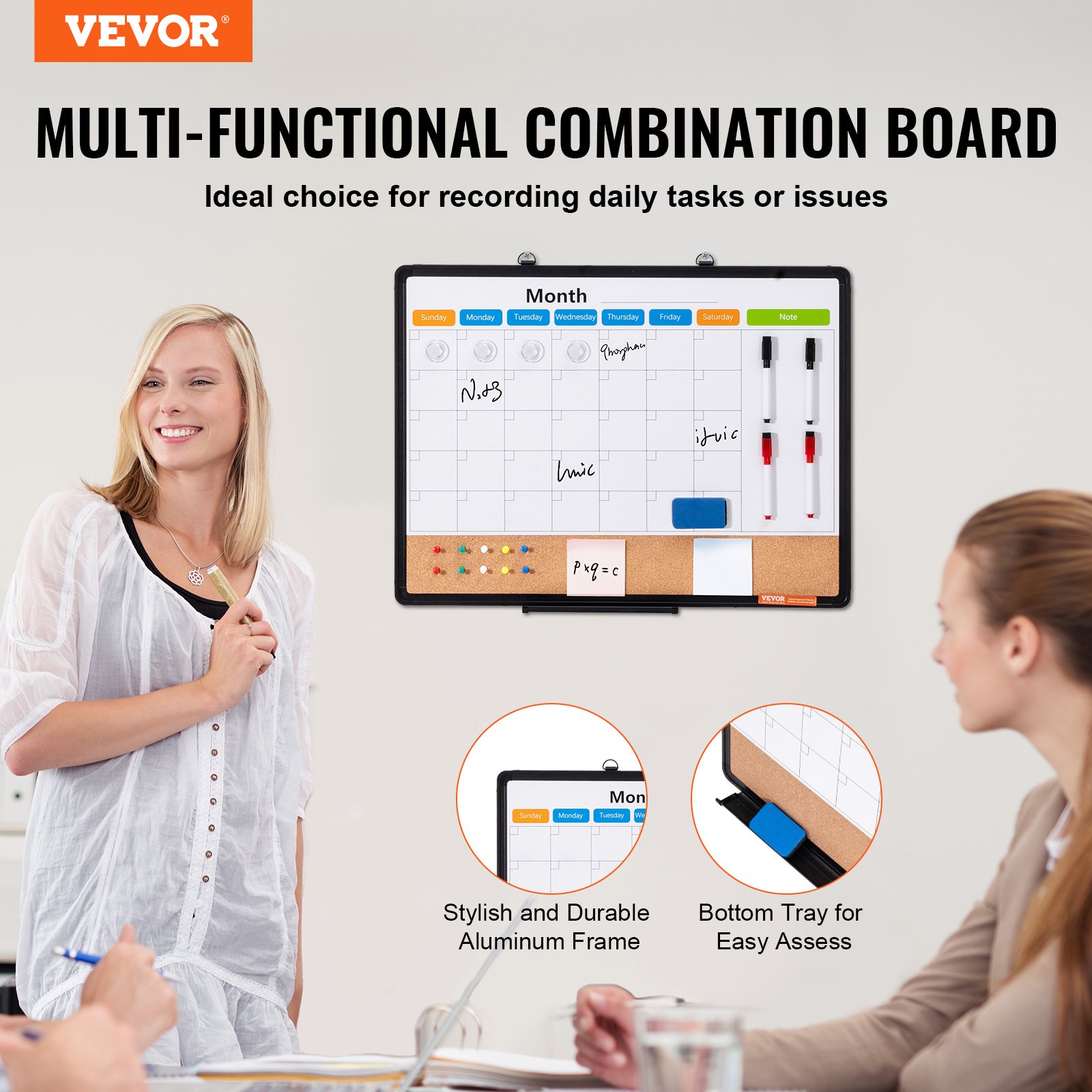 Pizarra blanca y tablero de corcho con calendario mensual de 24" x 18" de VEVOR, tablero de anuncios con marco de aluminio