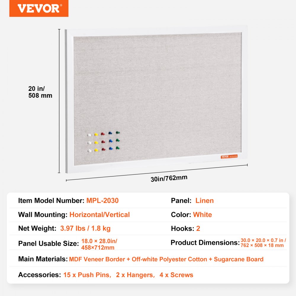 Tablero de corcho blanco VEVOR de 30" x 20" con superficie de lino para montaje en pared