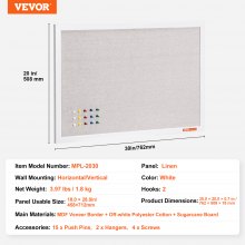 Tablero de corcho blanco VEVOR de 30" x 20" con superficie de lino para montaje en pared