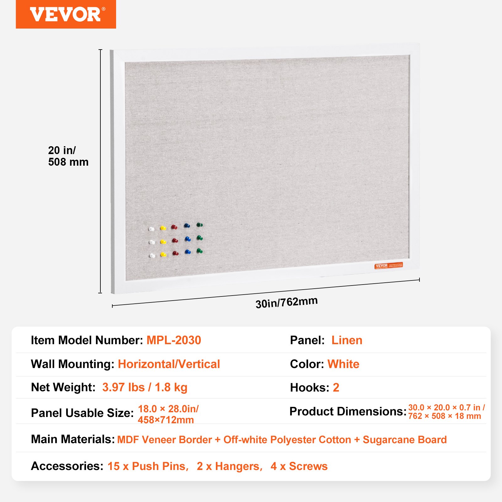 Tablero de corcho blanco VEVOR de 30" x 20" con superficie de lino para montaje en pared