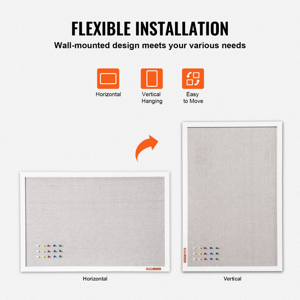 Tablero de corcho blanco VEVOR de 91 x 61 cm con superficie de lino: elegante tablero de anuncios de pared para el hogar, la escuela y la oficina. Tablón de anuncios elegante y funcional.