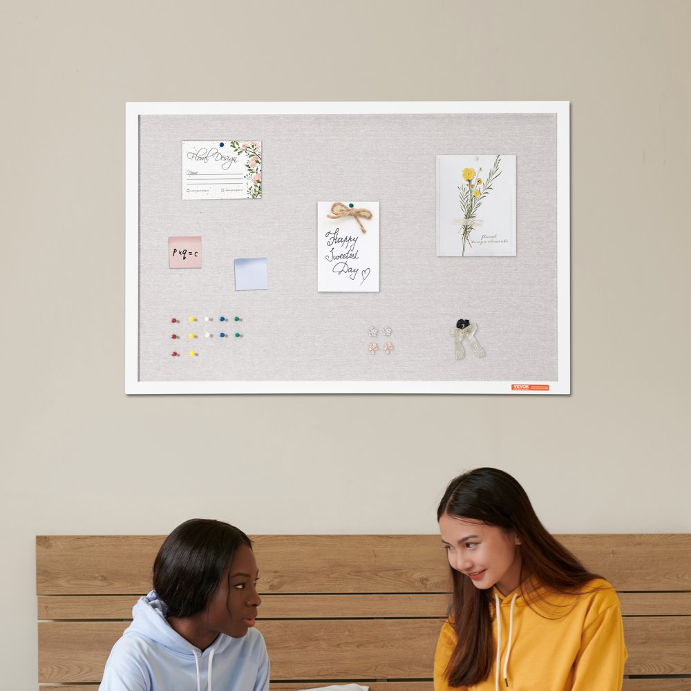VEVOR 36"x24" White Cork Board with Linen Surface – Stylish Wall-Mounted Bulletin Board for Home, School, Office – Elegant & Functional Noticeboard