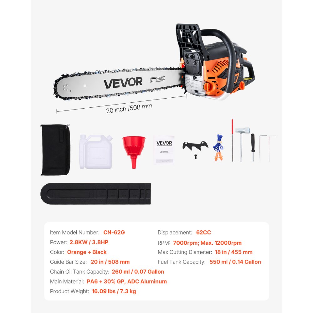Motosierra de gasolina VEVOR de 62 cc, de 20 pulgadas, 3,8 HP con mango antideslizante, con doble depósito de combustible, ideal para cortar madera, podar árboles y limpiar terrenos.
