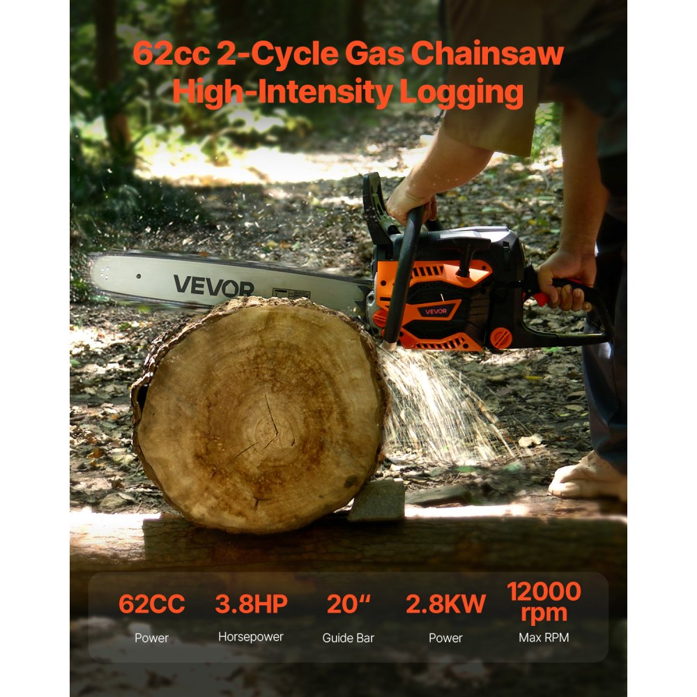 Motosierra de gasolina VEVOR de 62 cc, de 20 pulgadas, 3,8 HP con mango antideslizante, con doble depósito de combustible, ideal para cortar madera, podar árboles y limpiar terrenos.