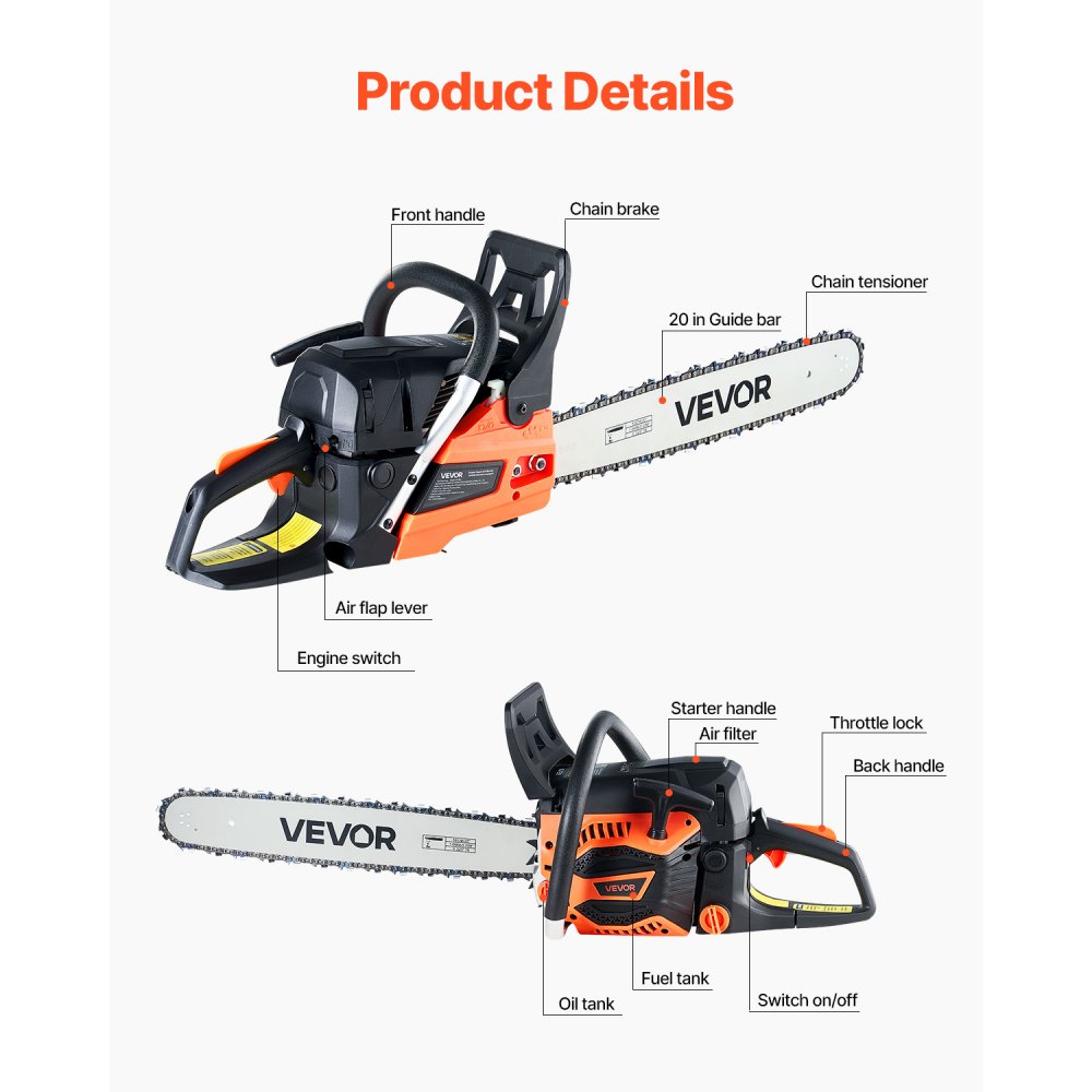 Motosierra de gasolina VEVOR de 62 cc, de 20 pulgadas, 3,8 HP con mango antideslizante, con doble depósito de combustible, ideal para cortar madera, podar árboles y limpiar terrenos.