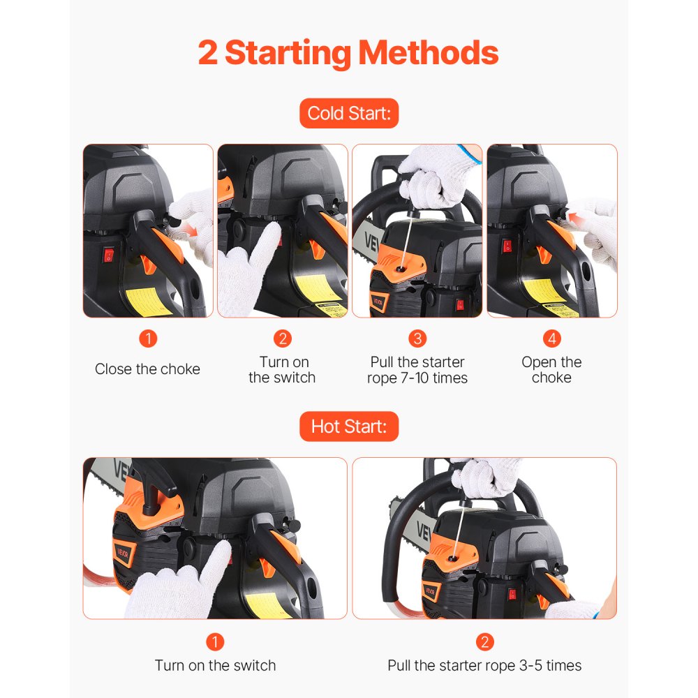 Motosierra de gasolina VEVOR de 62 cc, de 20 pulgadas, 3,8 HP con mango antideslizante, con doble depósito de combustible, ideal para cortar madera, podar árboles y limpiar terrenos.
