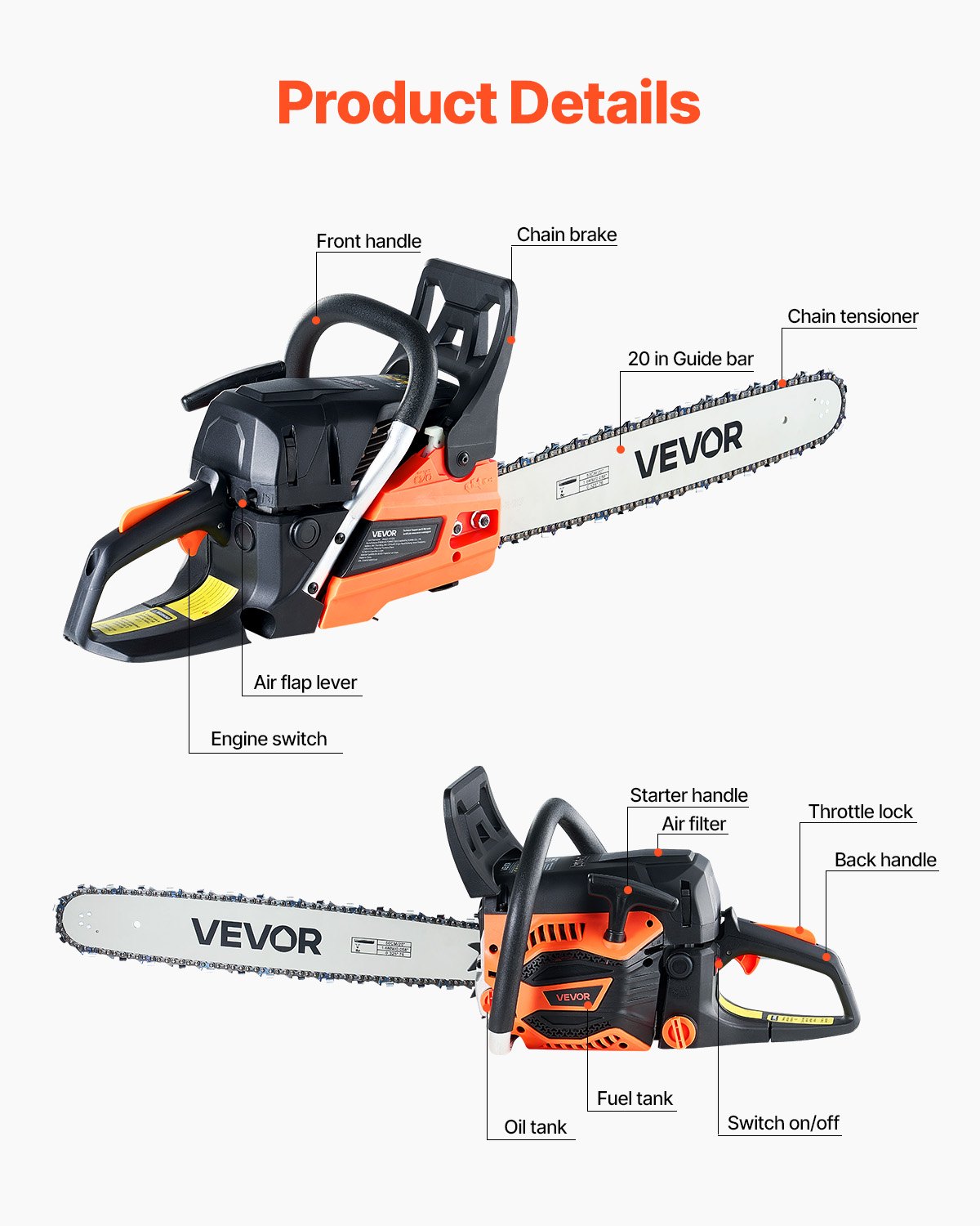 Motosierra de gasolina VEVOR de 62 cc, de 20 pulgadas, 3,8 HP con mango antideslizante, con doble depósito de combustible, ideal para cortar madera, podar árboles y limpiar terrenos.