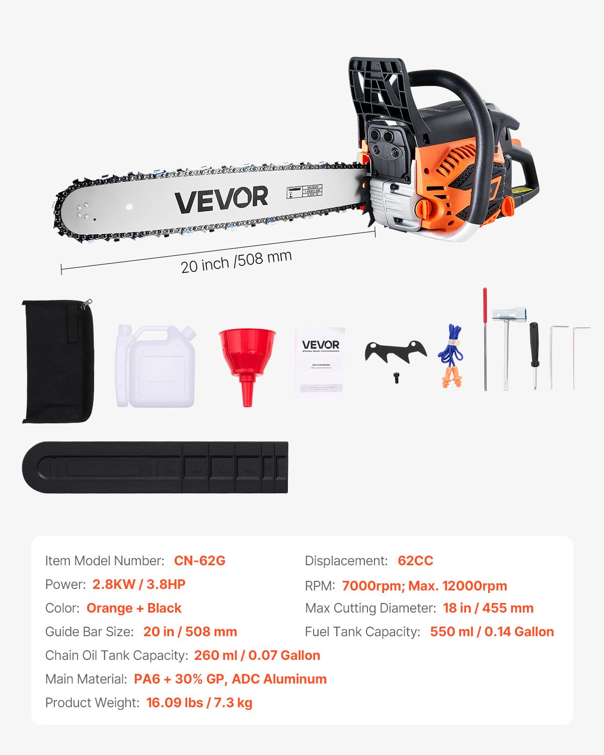 Motosierra de gasolina VEVOR de 62 cc, de 20 pulgadas, 3,8 HP con mango antideslizante, con doble depósito de combustible, ideal para cortar madera, podar árboles y limpiar terrenos.