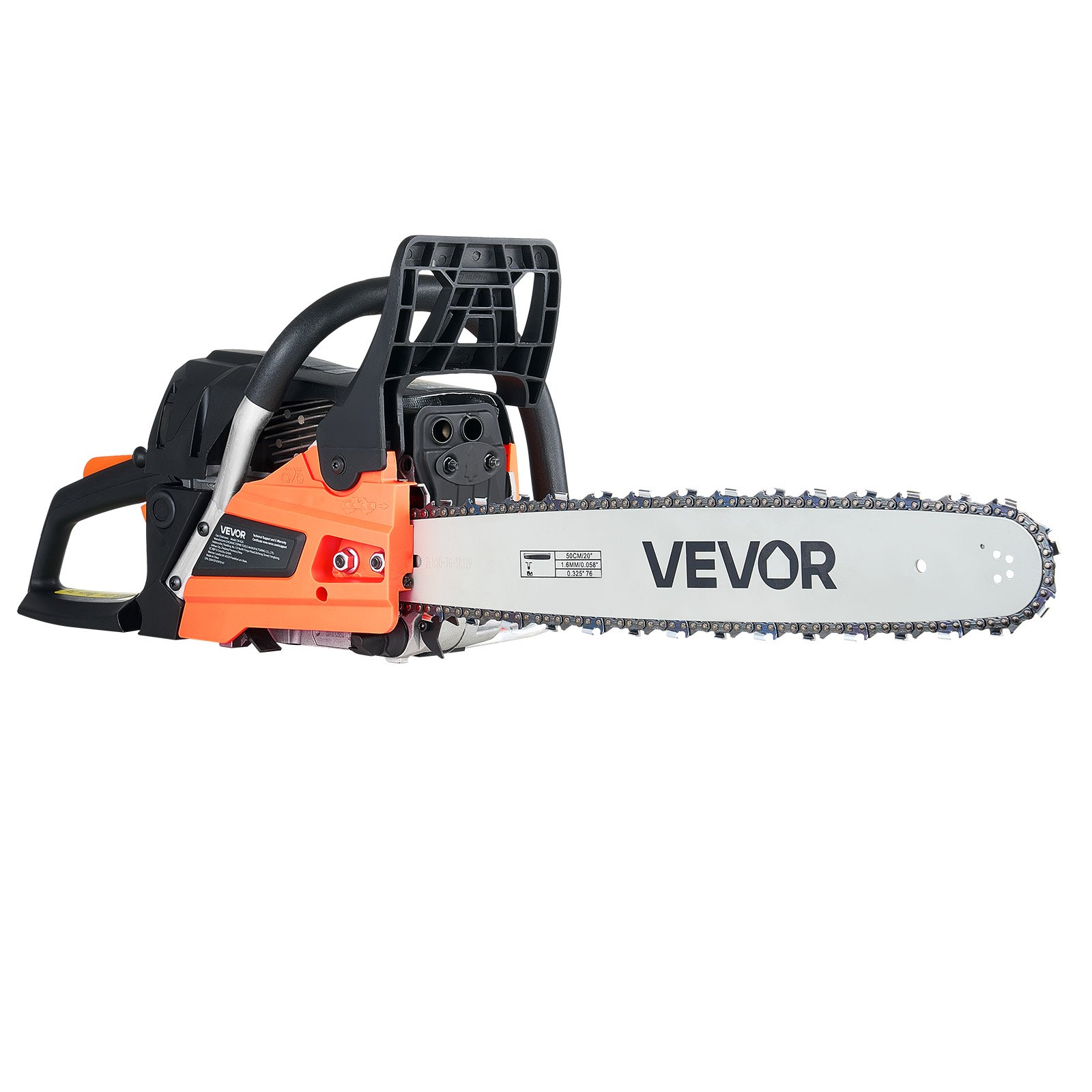 Motosierra de gasolina VEVOR de 62 cc, de 20 pulgadas, 3,8 HP con mango antideslizante, con doble depósito de combustible, ideal para cortar madera, podar árboles y limpiar terrenos.