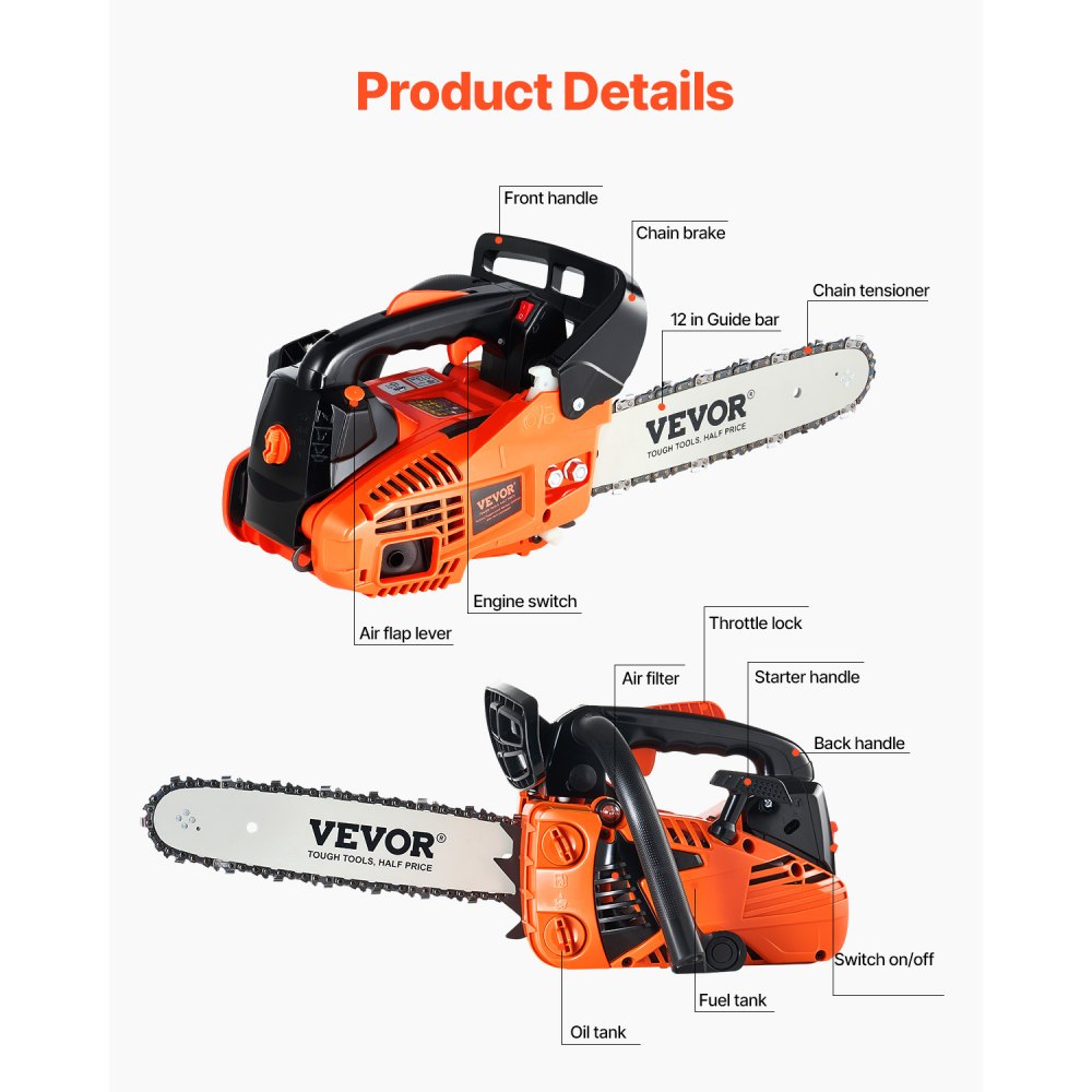 Motosierra de gasolina VEVOR de 25,4 cc, 12" y 1,2 HP. Motosierra de gasolina inalámbrica de mano para cortar ramas de árboles, podar árboles, limpiar terrenos y talar bosques en granjas, jardines y ranchos.