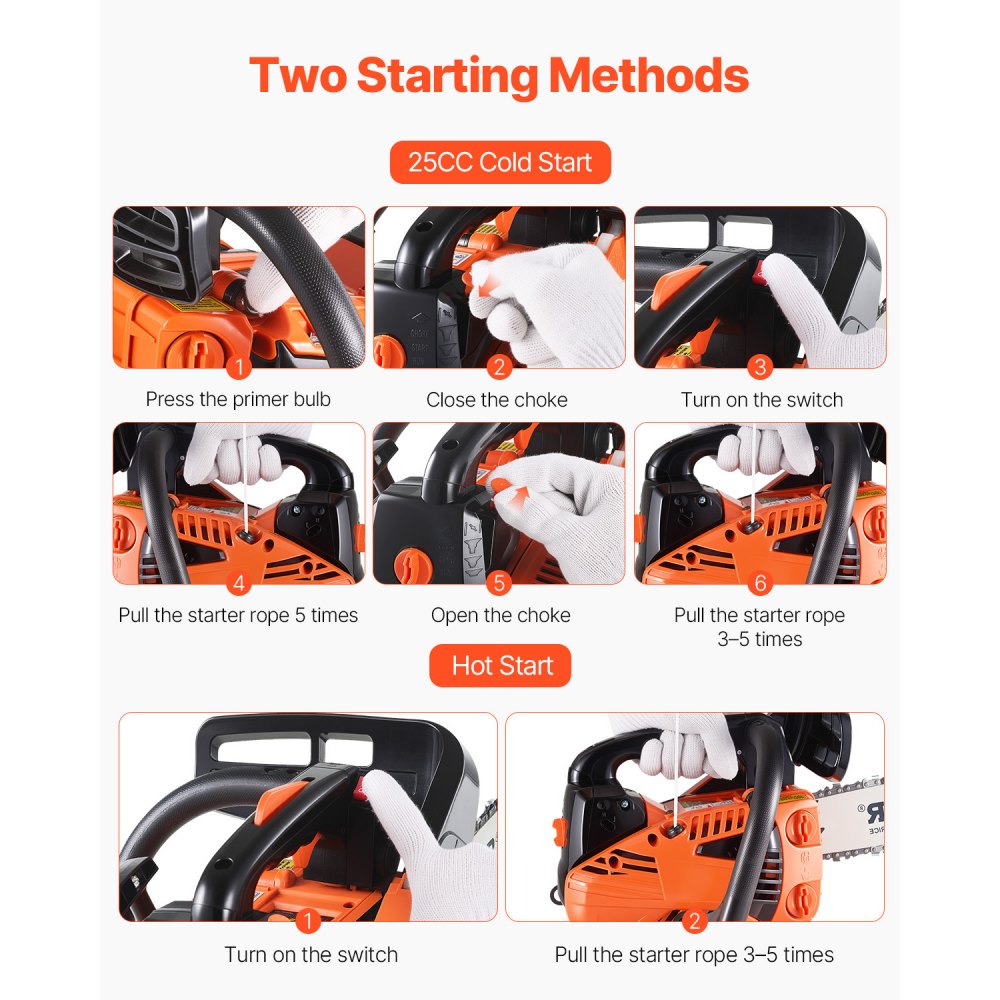 Motosierra de gasolina VEVOR de 25,4 cc, 12" y 1,2 HP. Motosierra de gasolina inalámbrica de mano para cortar ramas de árboles, podar árboles, limpiar terrenos y talar bosques en granjas, jardines y ranchos.
