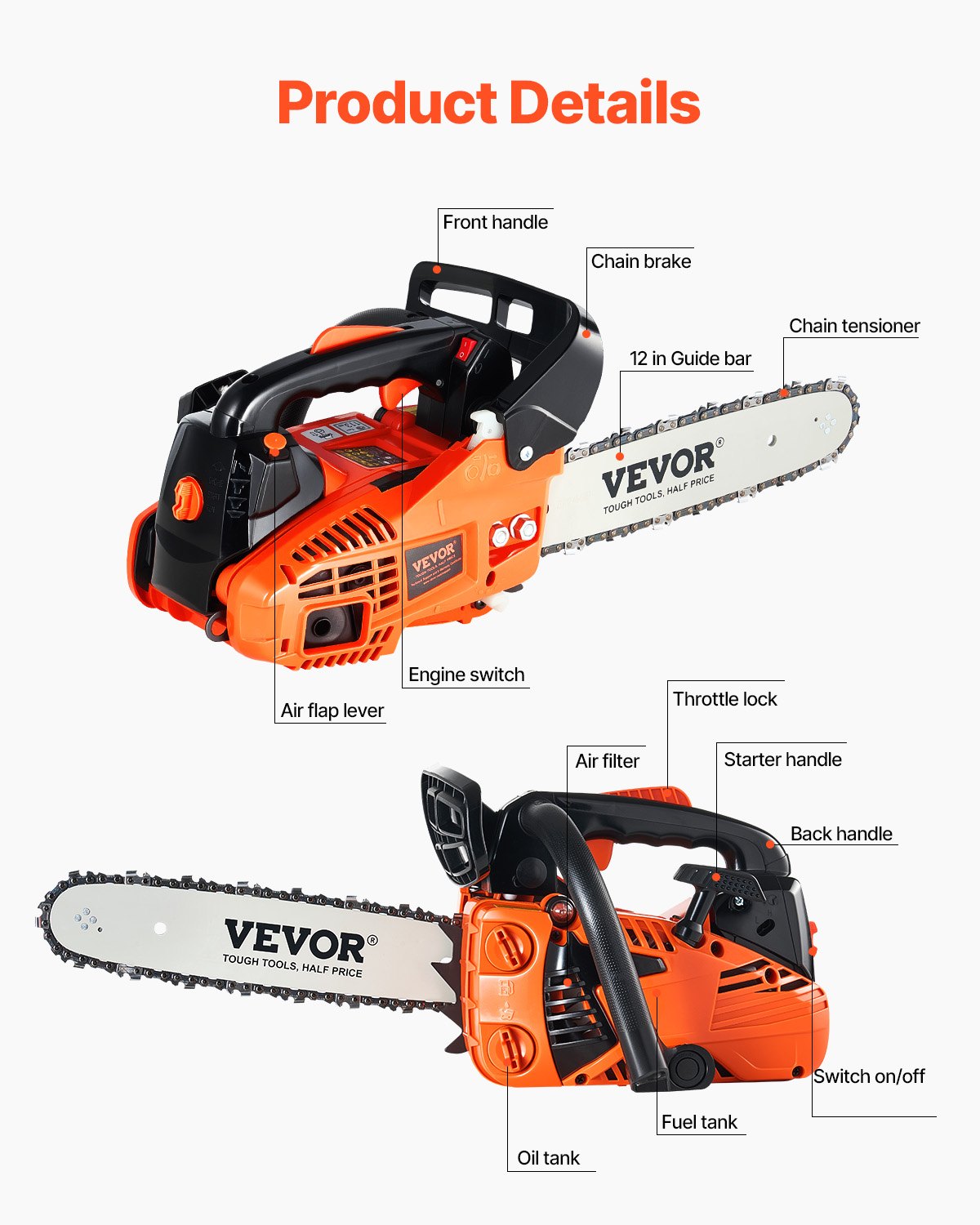 Motosierra de gasolina VEVOR de 25,4 cc, 12" y 1,2 HP. Motosierra de gasolina inalámbrica de mano para cortar ramas de árboles, podar árboles, limpiar terrenos y talar bosques en granjas, jardines y ranchos.