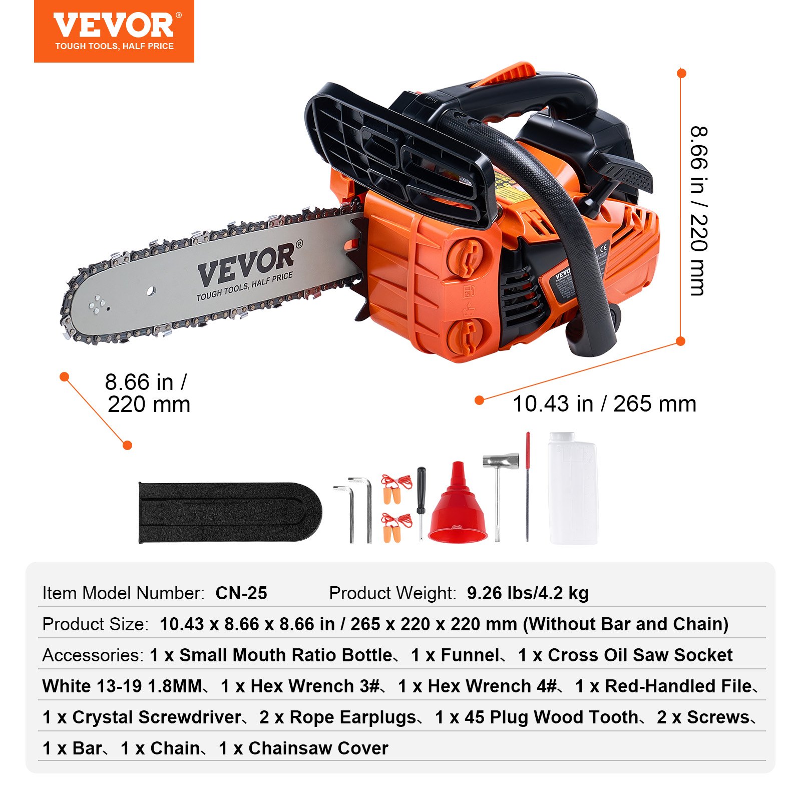 Motosierra de gasolina VEVOR de 25,4 cc, 12" y 1,2 HP. Motosierra de gasolina inalámbrica de mano para cortar ramas de árboles, podar árboles, limpiar terrenos y talar bosques en granjas, jardines y ranchos.