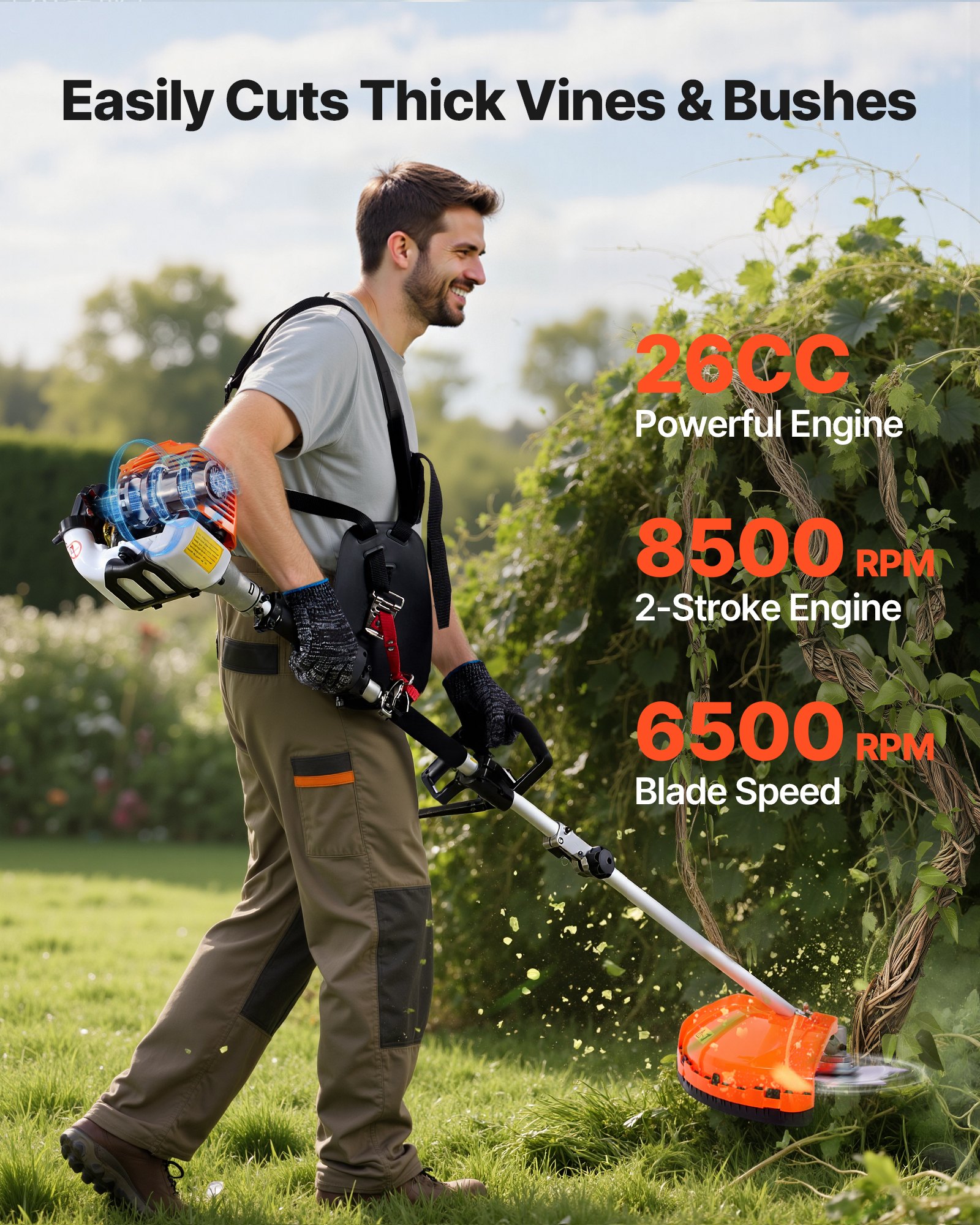 Cortasetos de gasolina VEVOR, cortasetos manual de 2 tiempos, 4 en 1, 26 cc, con equipo de protección, incluye cortasetos, cortabordes, desbrozadora y recorta arbustos.