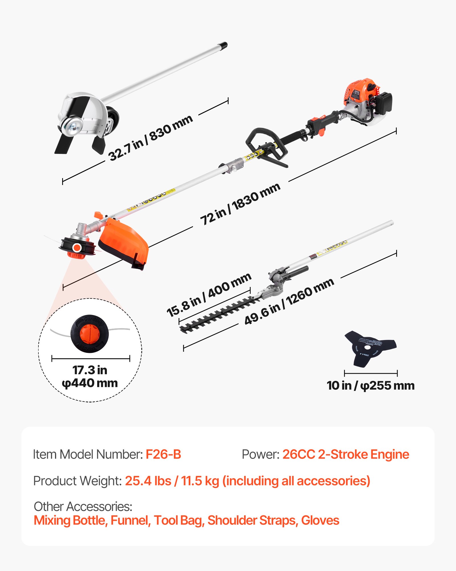 Cortasetos de gasolina VEVOR, cortasetos manual de 2 tiempos, 4 en 1, 26 cc, con equipo de protección, incluye cortasetos, cortabordes, desbrozadora y recorta arbustos.
