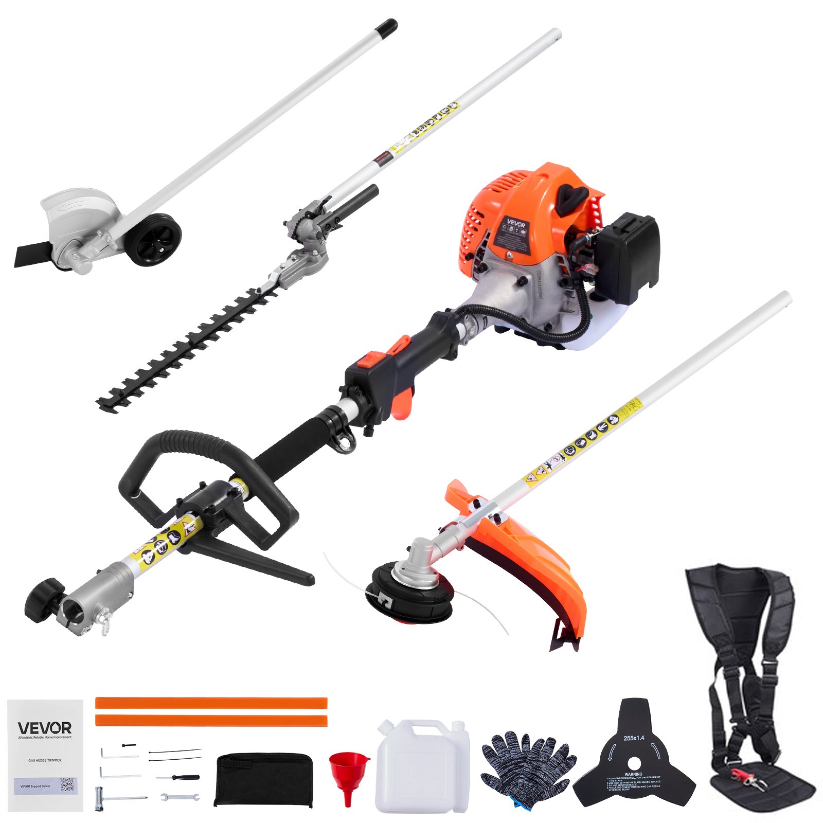 Cortasetos de gasolina VEVOR, cortasetos manual de 2 tiempos, 4 en 1, 26 cc, con equipo de protección, incluye cortasetos, cortabordes, desbrozadora y recorta arbustos.