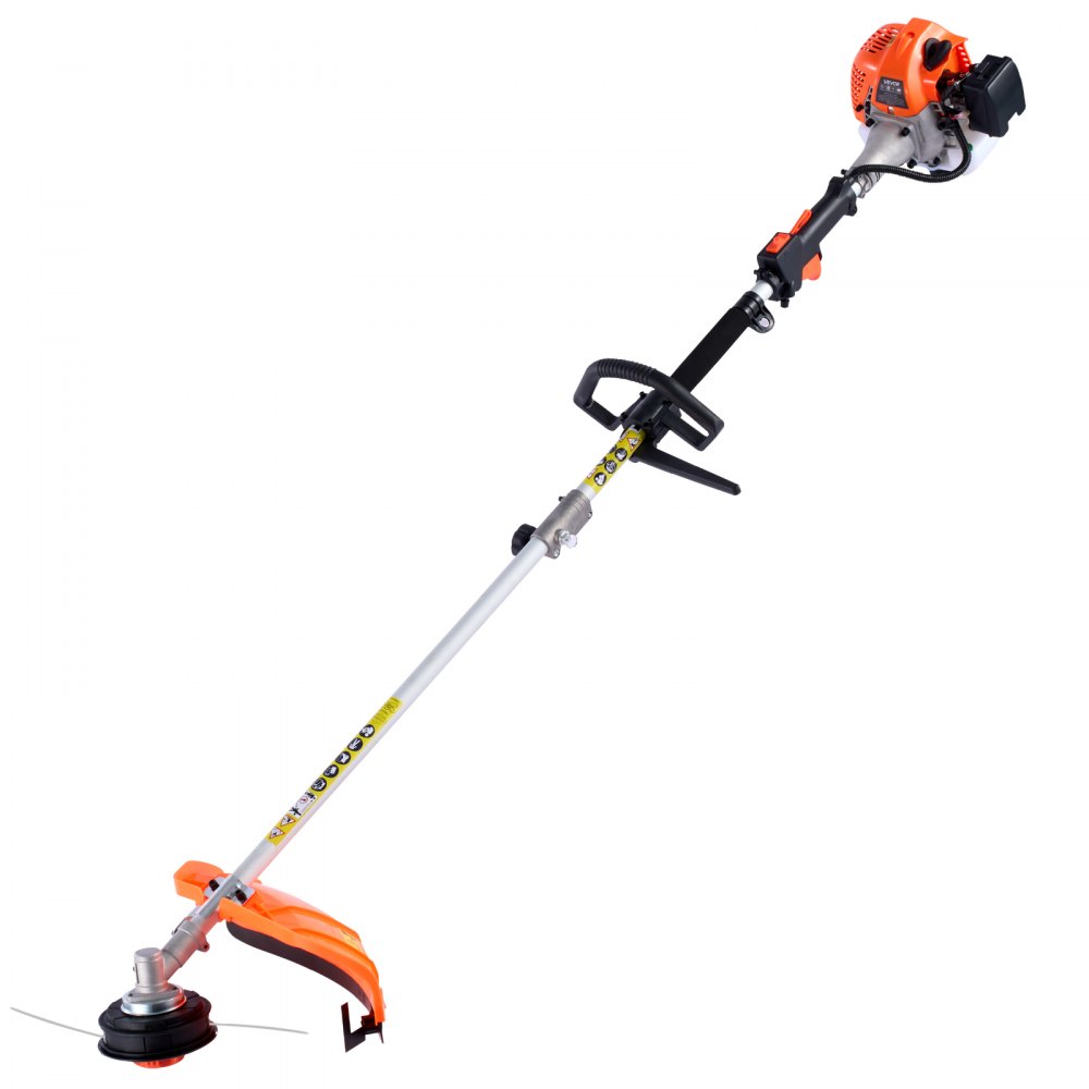 Cortasetos a gasolina VEVOR, recortadora de mano a gasolina de 2 tiempos, desbrozadora 7 en 1 de 26 cc con pértiga extensible y juego de equipo de protección, incluye cortasetos y recortadora de hilo, desbrozadora (3T y 40T), bordeadora y motosierra de pértiga.