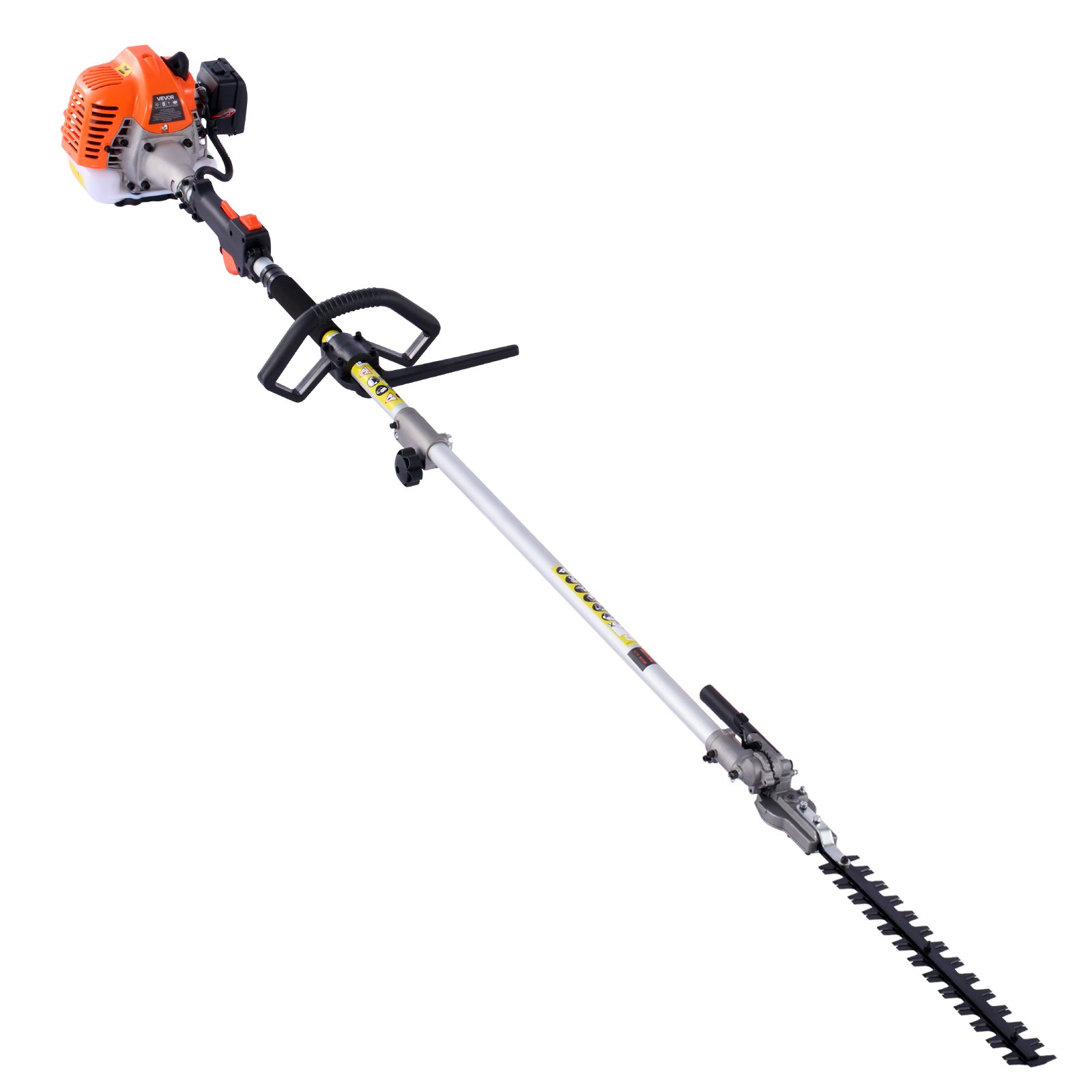 Cortasetos a gasolina VEVOR, recortadora de mano a gasolina de 2 tiempos, desbrozadora 7 en 1 de 26 cc con pértiga extensible y juego de equipo de protección, incluye cortasetos y recortadora de hilo, desbrozadora (3T y 40T), bordeadora y motosierra de pértiga.