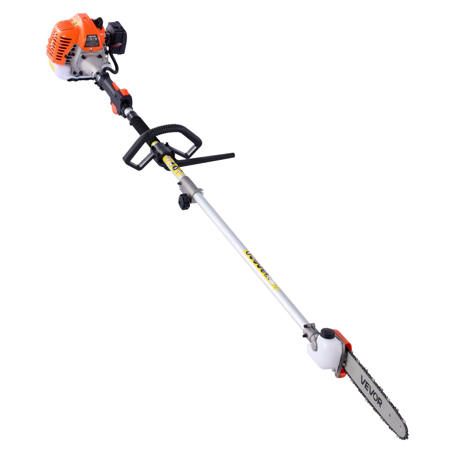 Cortasetos a gasolina VEVOR, recortadora de mano a gasolina de 2 tiempos, desbrozadora 7 en 1 de 26 cc con pértiga extensible y juego de equipo de protección, incluye cortasetos y recortadora de hilo, desbrozadora (3T y 40T), bordeadora y motosierra de pértiga.