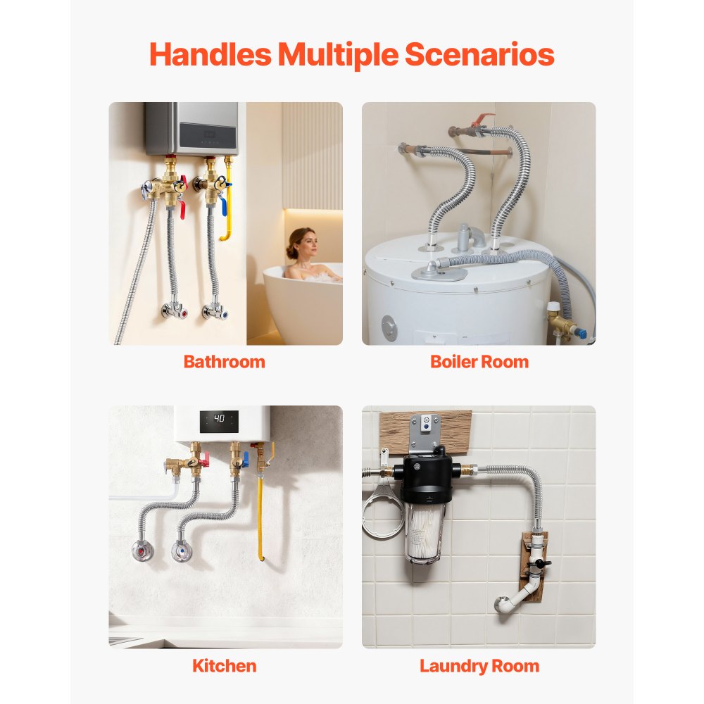 Kit de calentador de agua VEVOR, conector flexible de 45 cm (18 pulgadas), kit de instalación con conexión de entrada y salida FIP de 2,5 cm x FIP de 2,5 cm (1 pulgada) para baño, cocina, lavadero y sala de calderas.