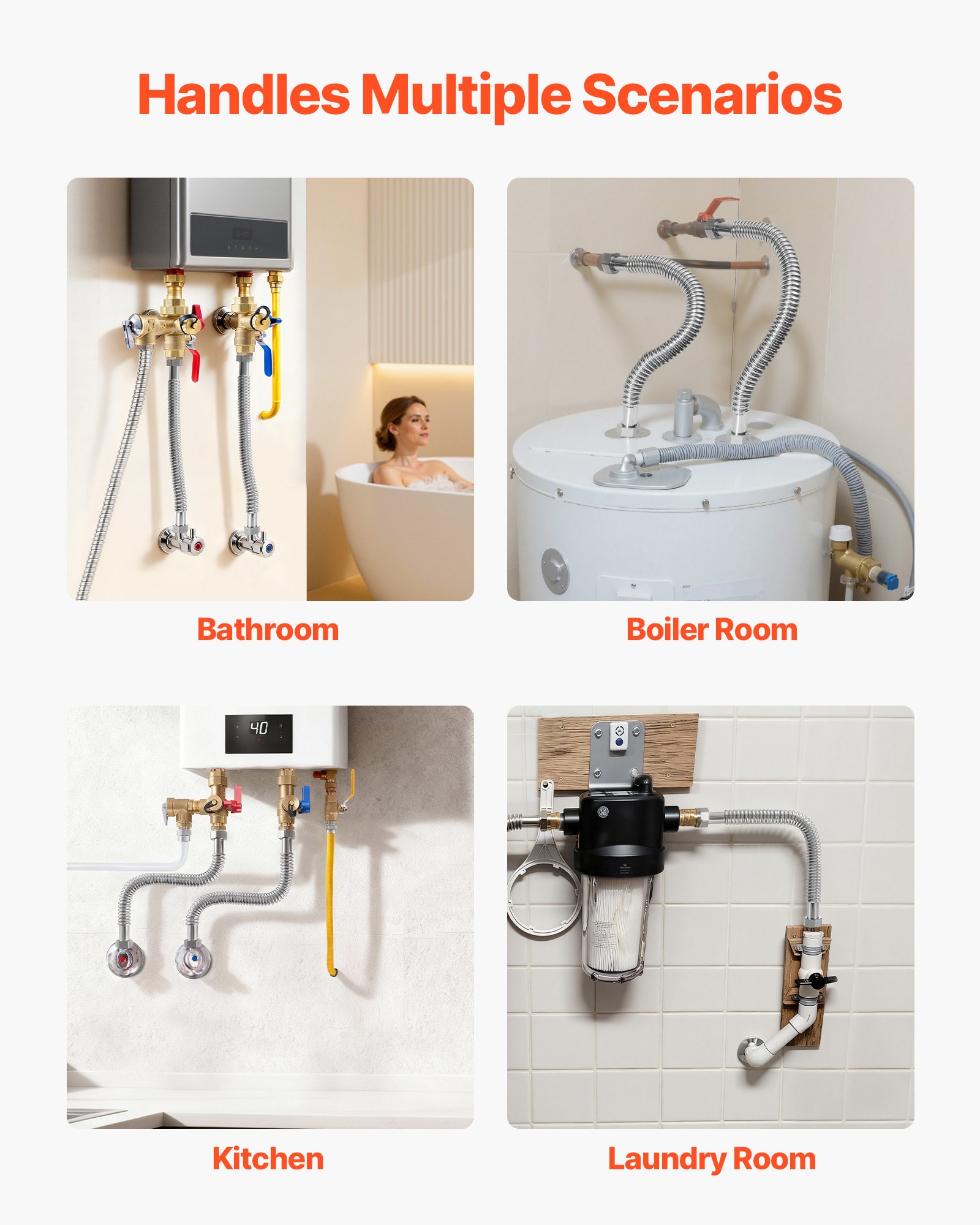 Kit de calentador de agua VEVOR, conector flexible de 45 cm (18 pulgadas), kit de instalación con conexión de entrada y salida FIP de 2,5 cm x FIP de 2,5 cm (1 pulgada) para baño, cocina, lavadero y sala de calderas.