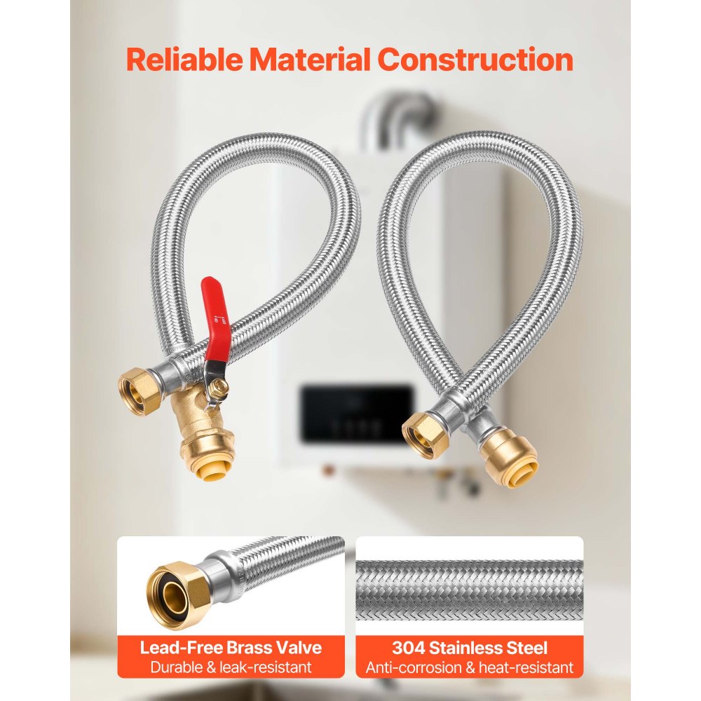 Kit de calentador de agua VEVOR, válvula de ajuste a presión, conector flexible con válvula de bola FIP de 3/4" x PTC de 3/4", línea de suministro de calentadores de agua trenzada de acero inoxidable para baño, cocina y lavandería.