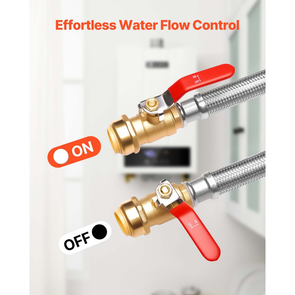 Kit de calentador de agua VEVOR, válvula de ajuste a presión, conector flexible con válvula de bola FIP de 3/4" x PTC de 3/4", línea de suministro de calentadores de agua trenzada de acero inoxidable para baño, cocina y lavandería.