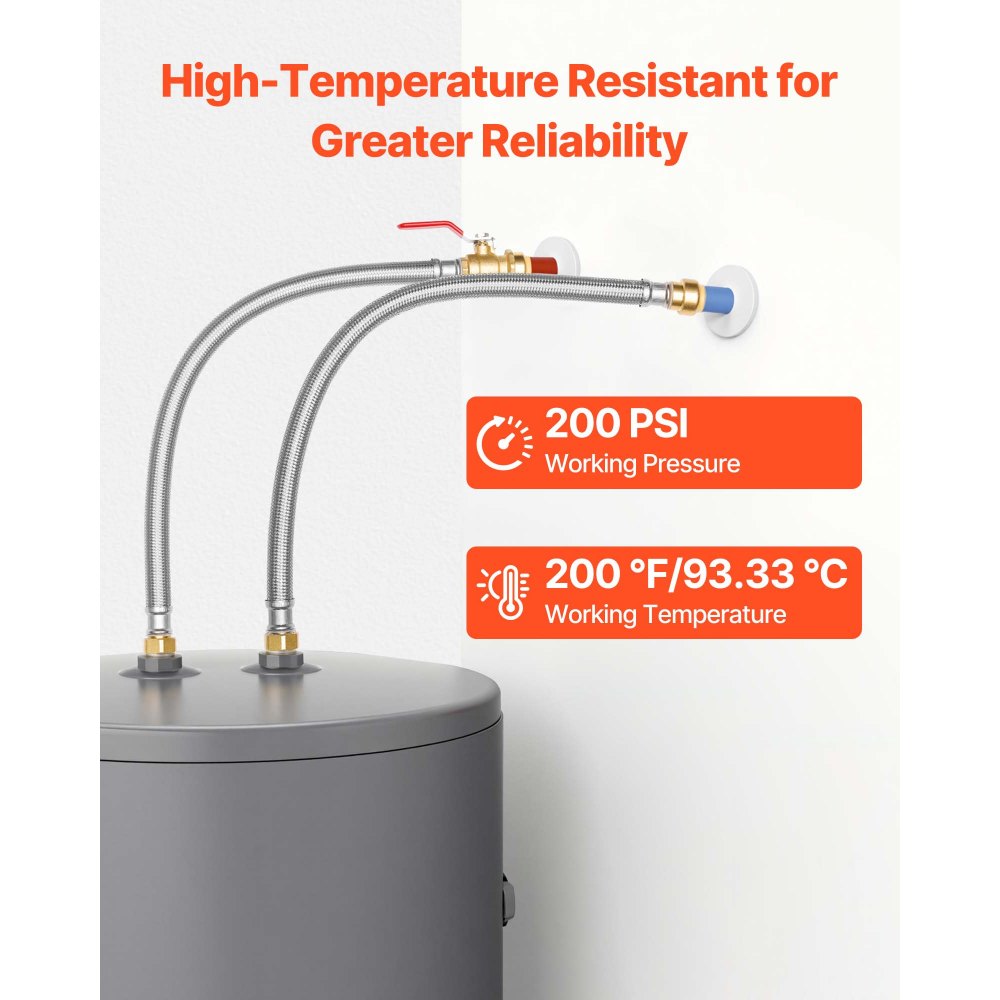 Kit de calentador de agua VEVOR, válvula de ajuste a presión, conector flexible con válvula de bola FIP de 3/4" x PTC de 3/4", línea de suministro de calentadores de agua trenzada de acero inoxidable para baño, cocina y lavandería.