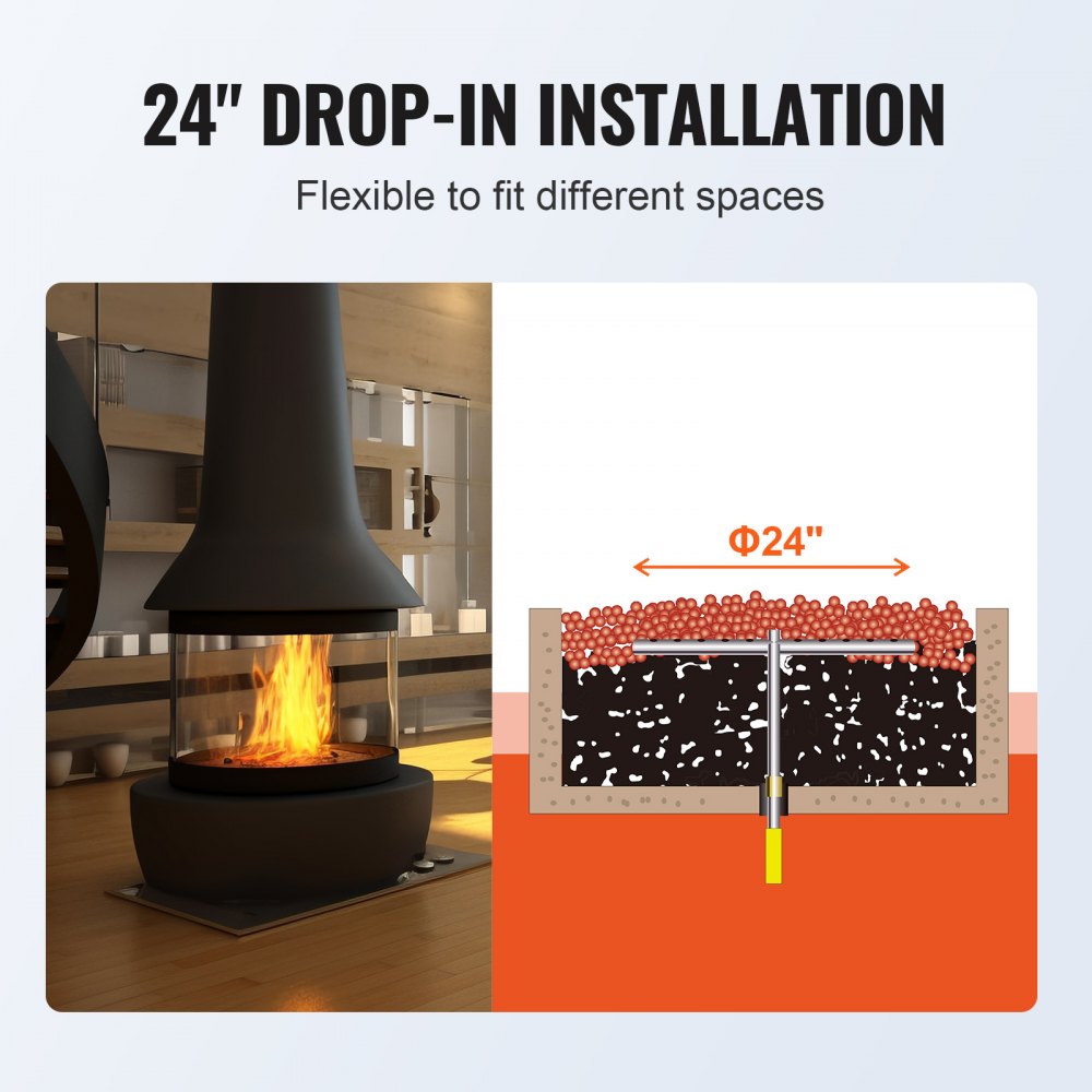 Diagrama de instalación de fogón VEVOR de 24&quot; y configuración de chimenea interior moderna.