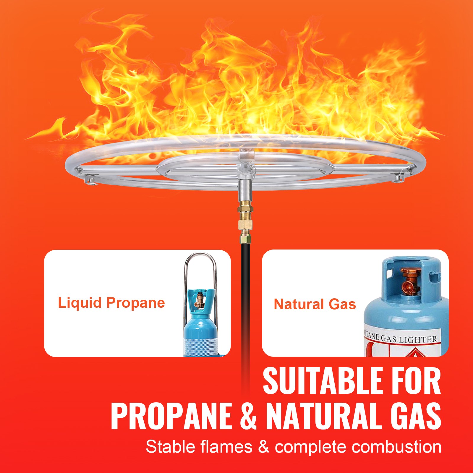 Brasero de fuego VEVOR para propano y gas natural con llamas estables y combustión completa.