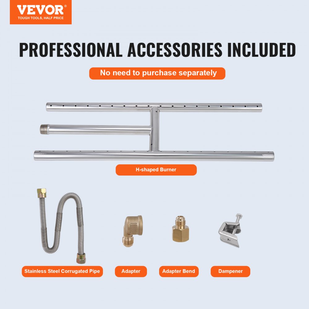Kit de sartén para fogata VEVOR con quemador en forma de H, tubo corrugado de acero inoxidable y adaptadores incluidos.
