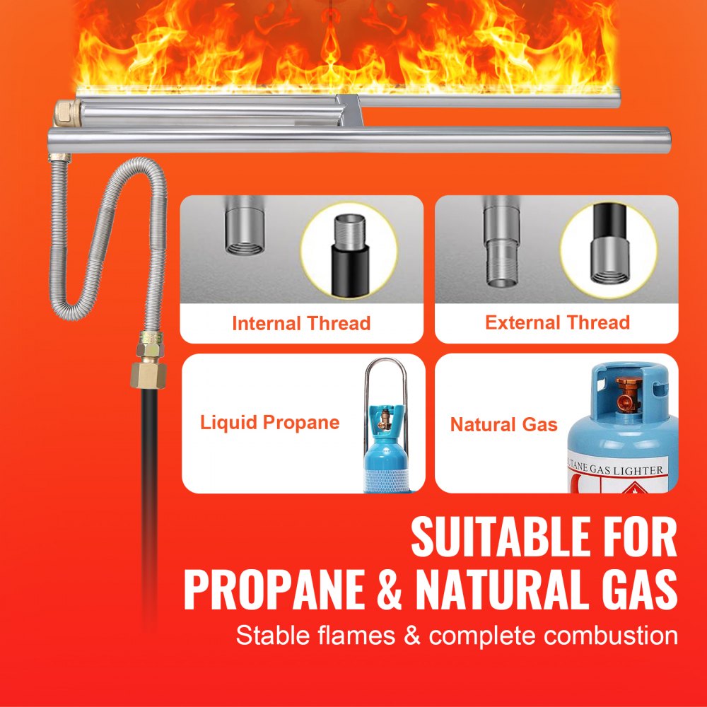 Sartén para fogata VEVOR, adecuada para propano y gas natural, que muestra llamas estables y combustión.