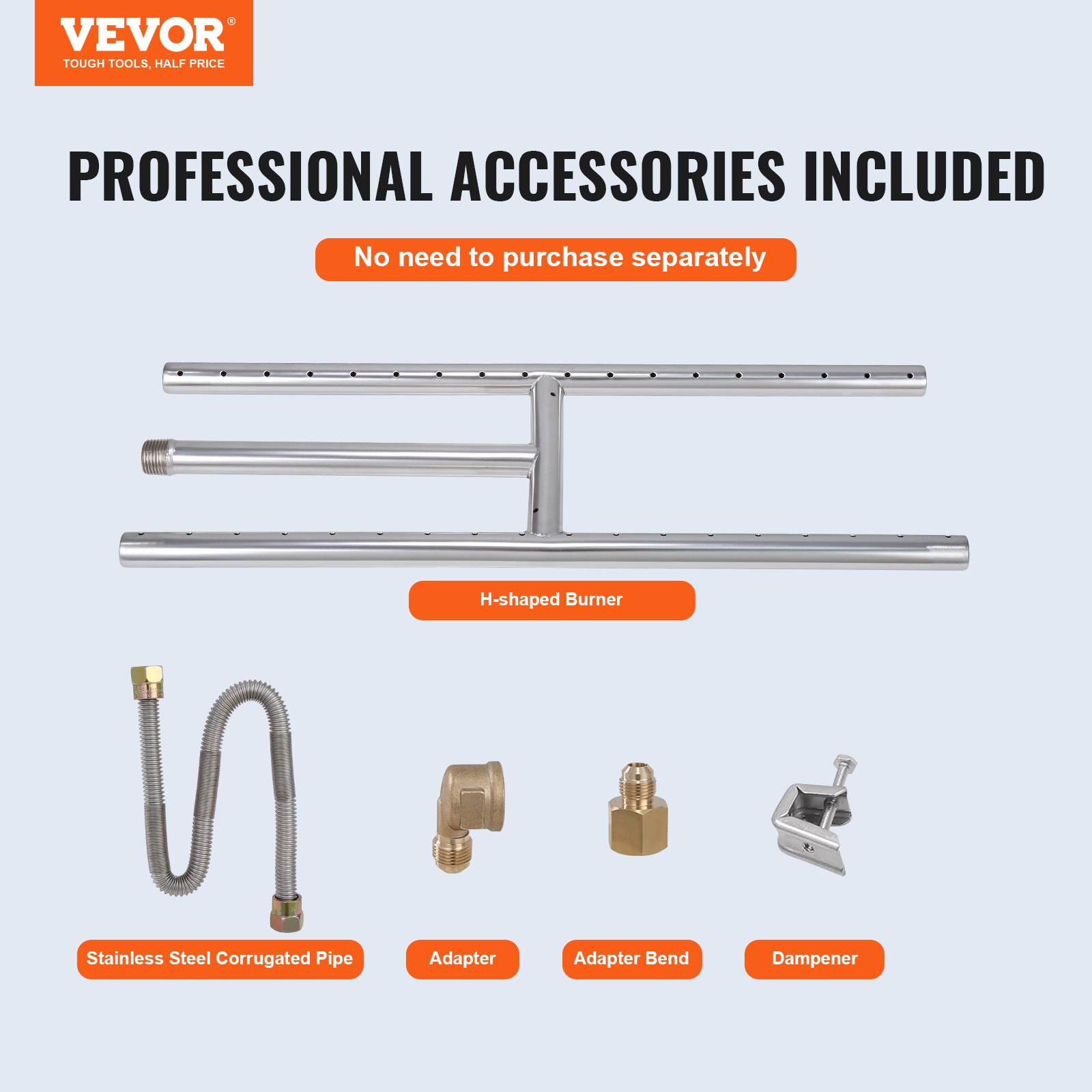 Kit de sartén para fogata VEVOR con quemador en forma de H, tubo corrugado de acero inoxidable y adaptadores incluidos.