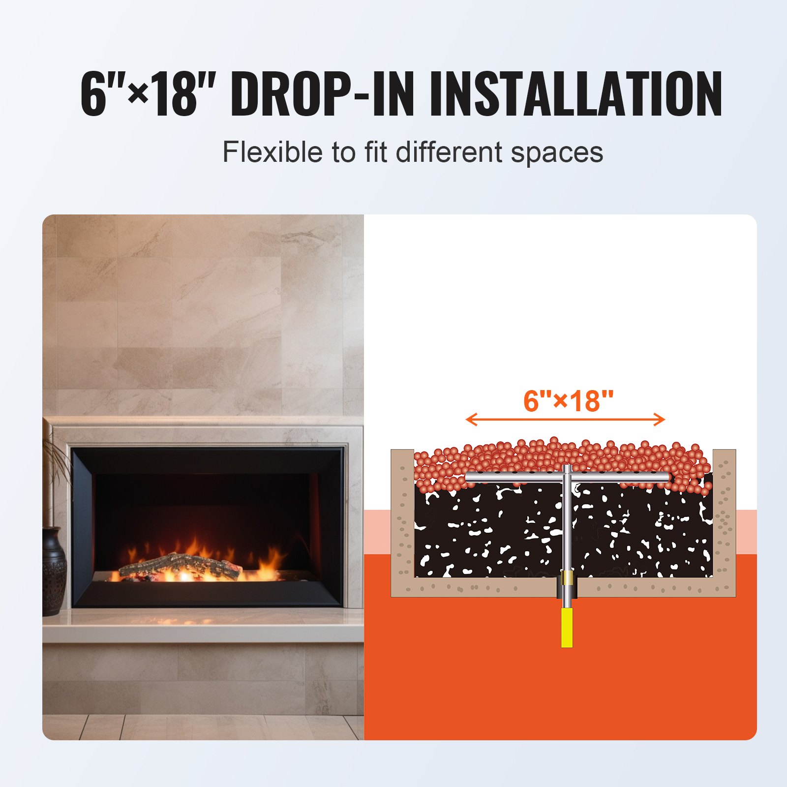 Guía de instalación de bandeja para fogón empotrable VEVOR de 6&quot; x 18&quot;, con diagrama y configuración de chimenea.