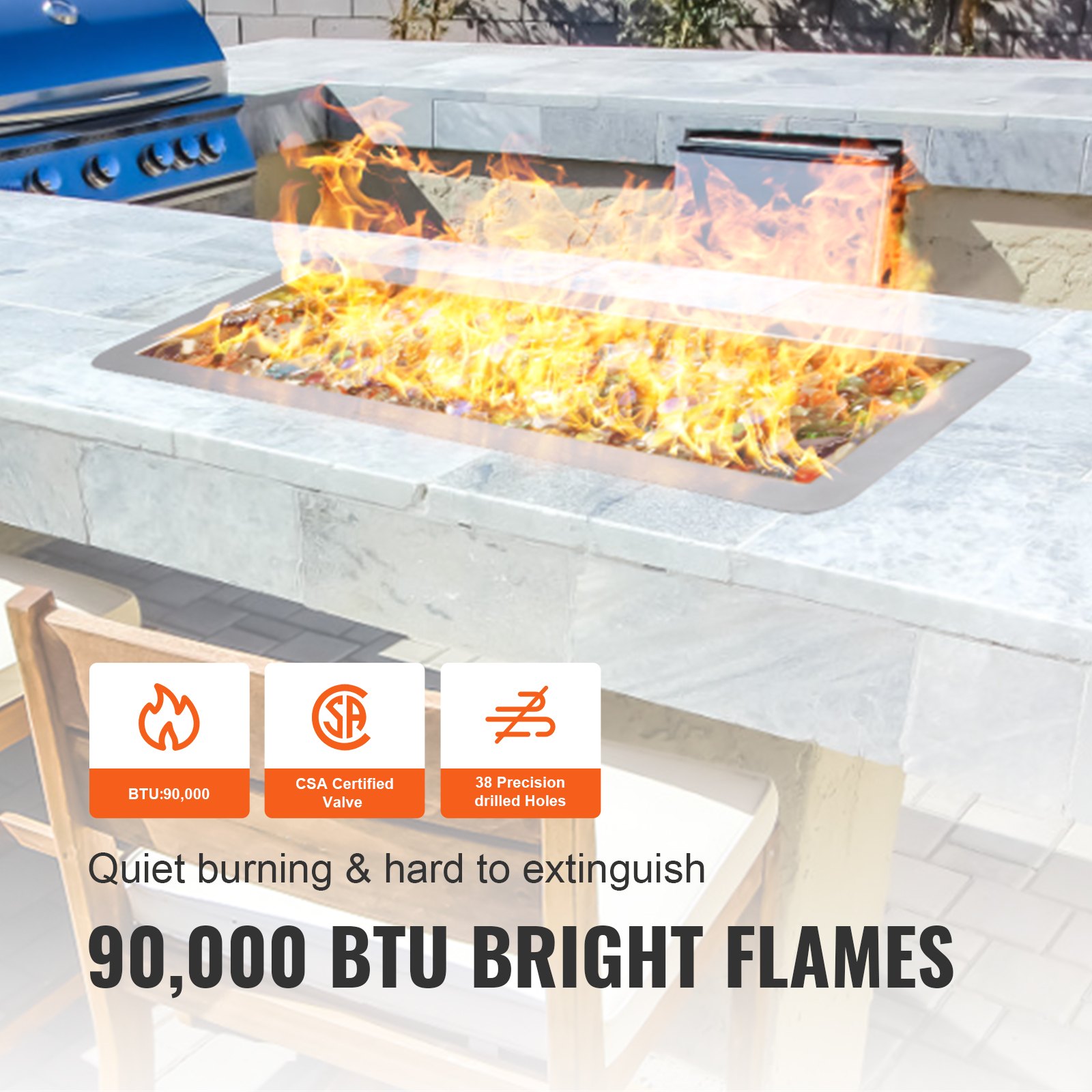 Brasero para fuego VEVOR en una encimera de mármol con llamas brillantes y una potencia calorífica de 90.000 BTU.