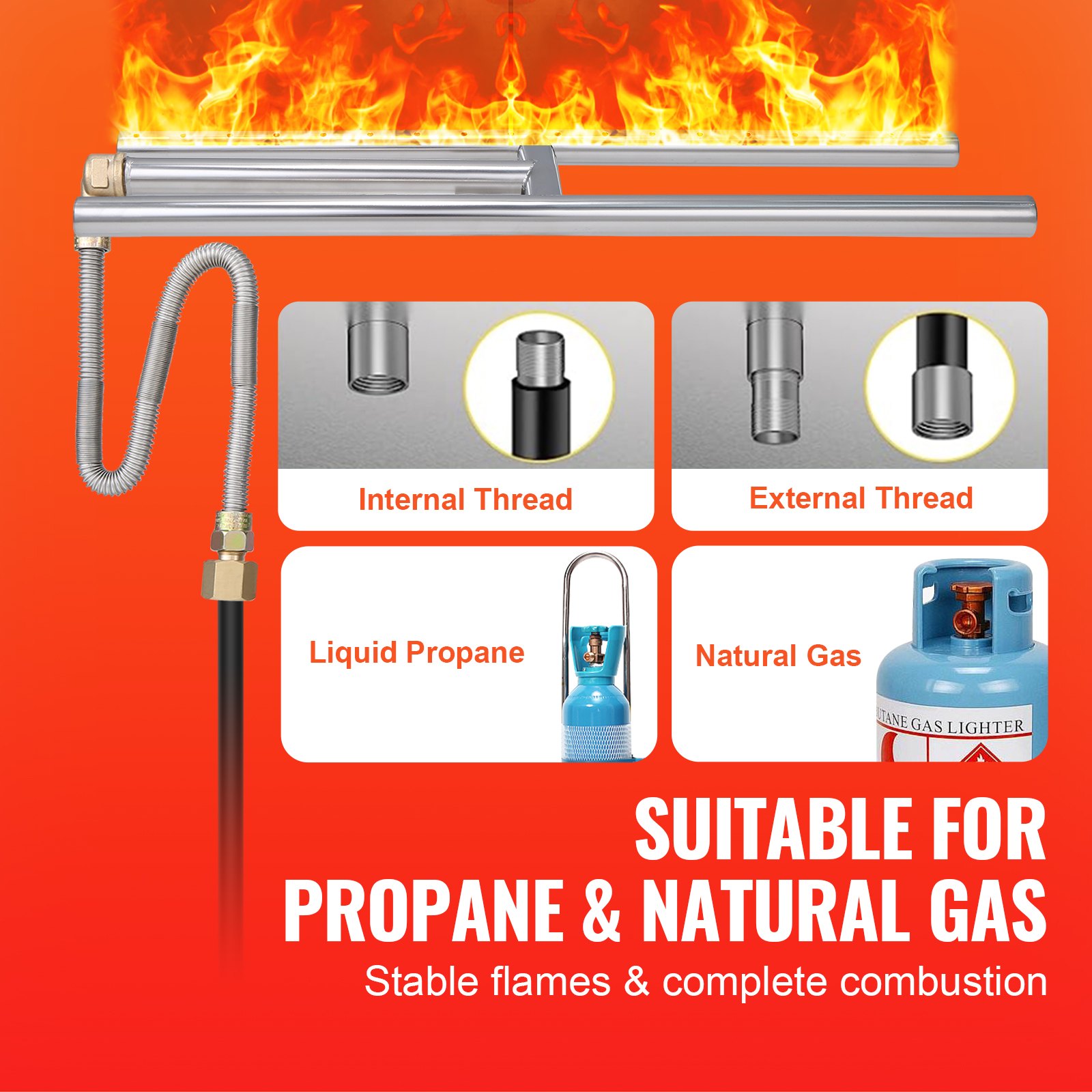 Sartén para fogata VEVOR, adecuada para propano y gas natural, que muestra llamas estables y combustión.