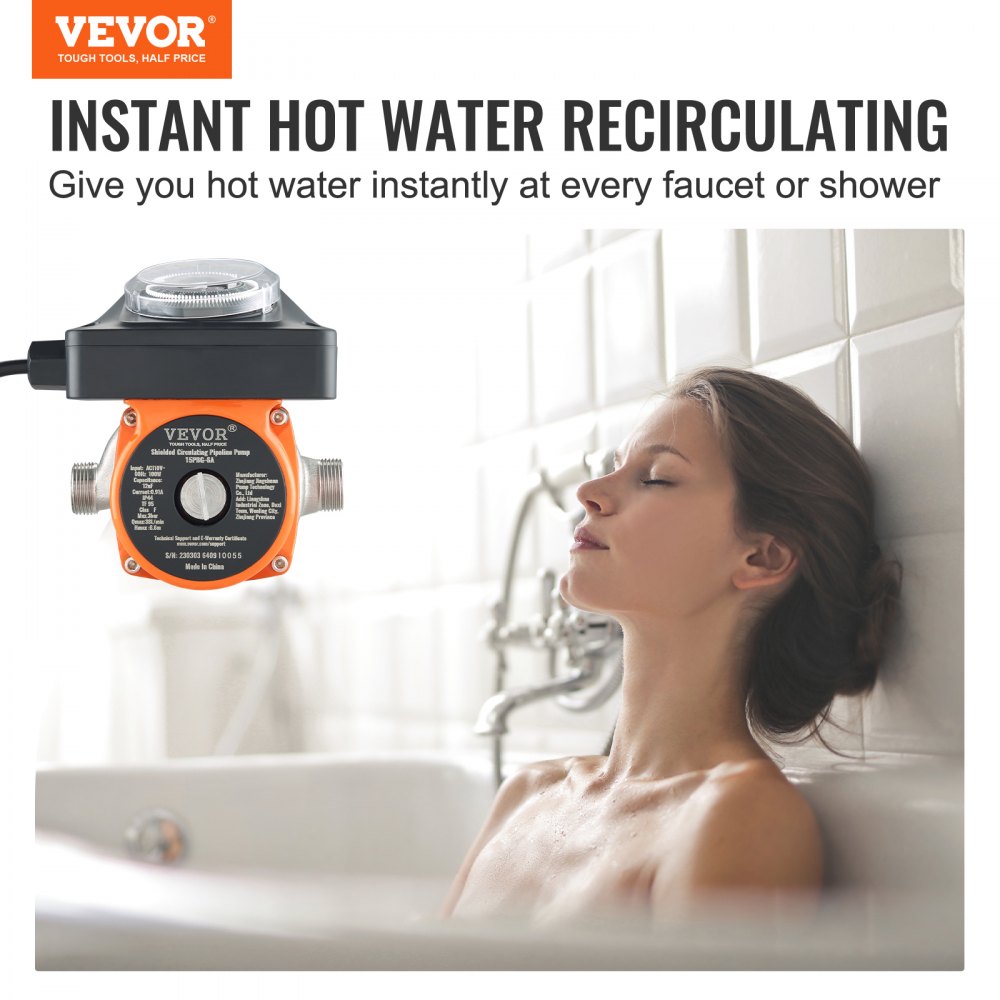 Bomba de recirculación de agua caliente VEVOR, bomba de circulación de agua de 100 W, circulación de cabeza de acero inoxidable ultra silenciosa de inicio/cierre automático, para sistema de calentador de agua eléctrico/circulación de grifo/cabezal de ducha