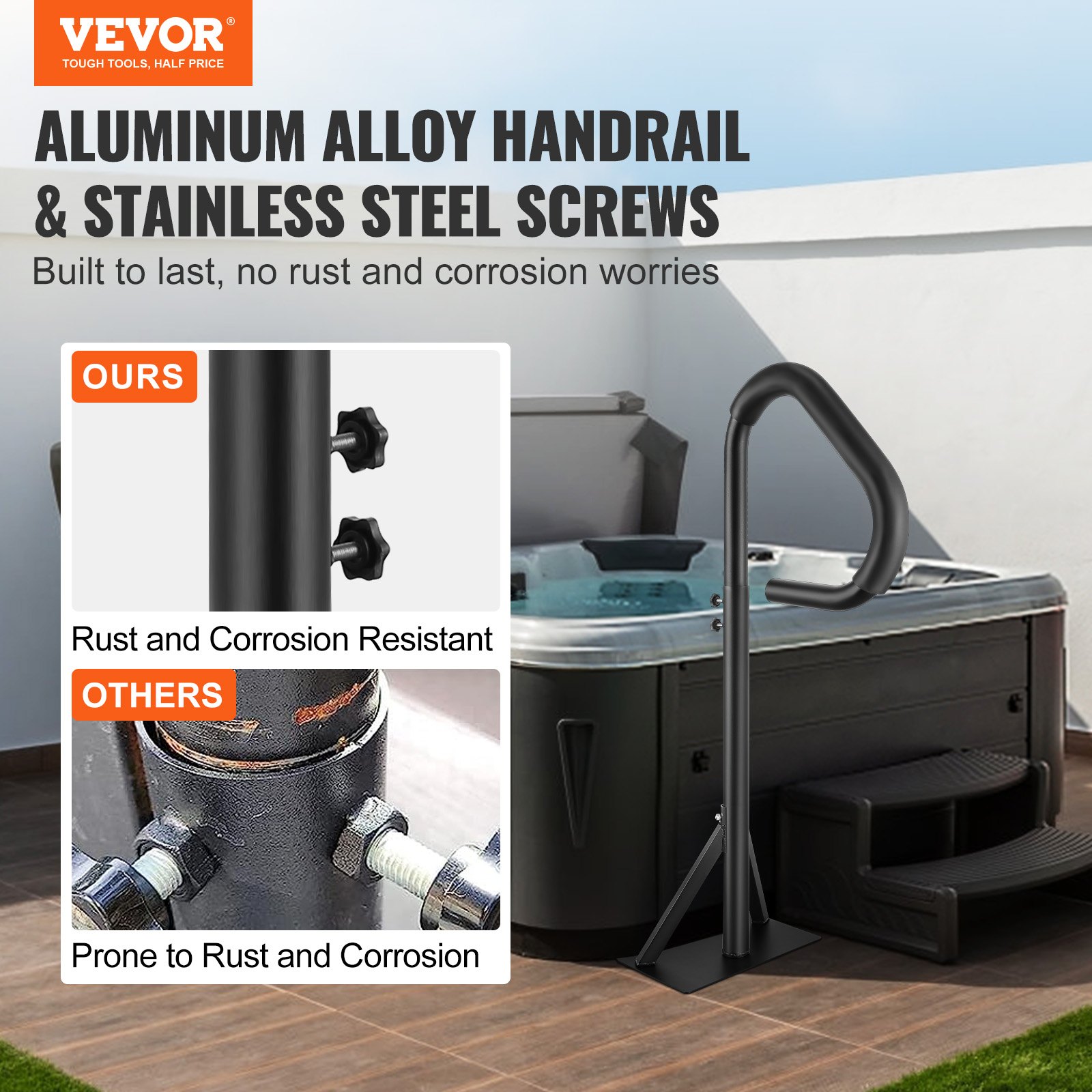 VEVOR Pasamanos para bañera de hidromasaje, pasamanos lateral giratorio 360 con altura ajustable de 35 a 57 pulgadas, pasamanos para bañera de hidromasaje de aluminio resistente al óxido con base de montaje deslizante para interior y exterior, capacidad de 600 libras