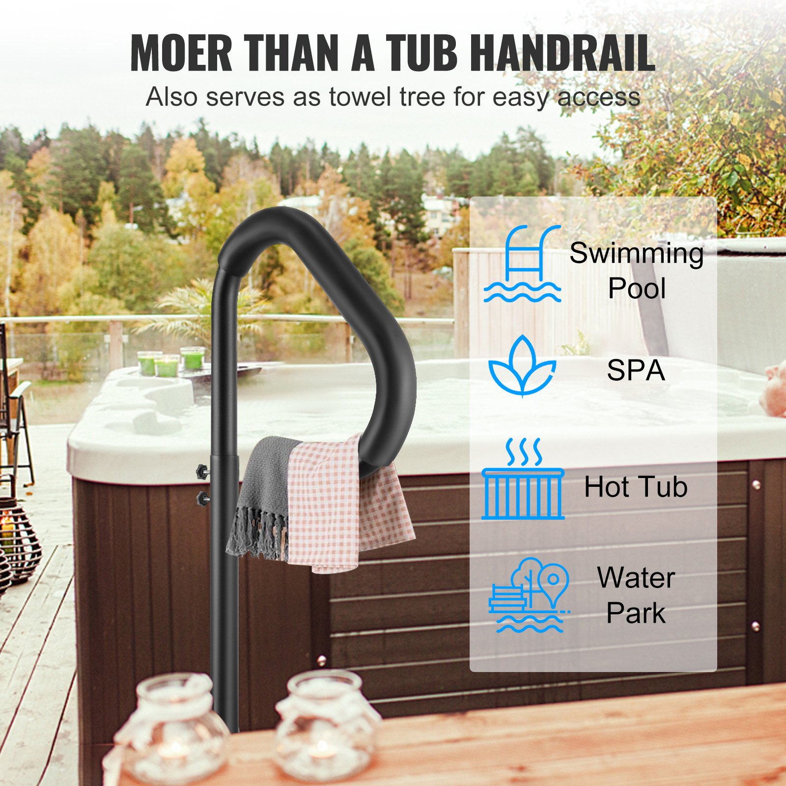 VEVOR Pasamanos para bañera de hidromasaje, pasamanos lateral giratorio 360 con altura ajustable de 35 a 57 pulgadas, pasamanos para bañera de hidromasaje de aluminio resistente al óxido con base de montaje deslizante para interior y exterior, capacidad de 600 libras