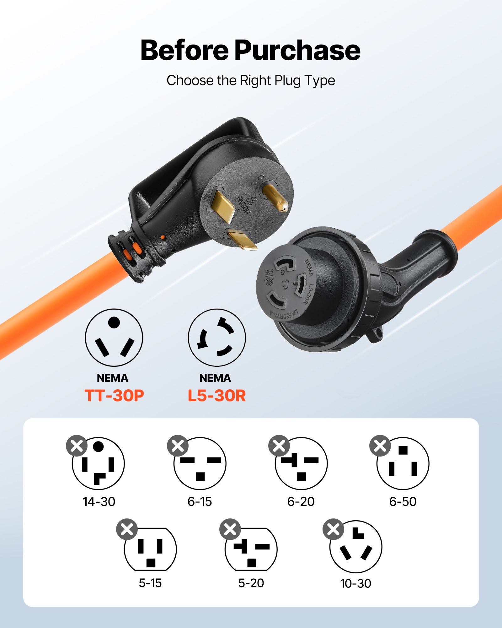Cable de alimentación para vehículos recreativos VEVOR de 30 amperios y 7,6 metros (25 pies), 125 V 3750 W, cable para generador STW de alta resistencia de calibre 10/3, NEMA TT-30P a NEMA L5-30R, con bloqueo giratorio, luz indicadora, asa de agarre, adaptador de 15 A, para remolques de vehículos recreativos, color naranja.