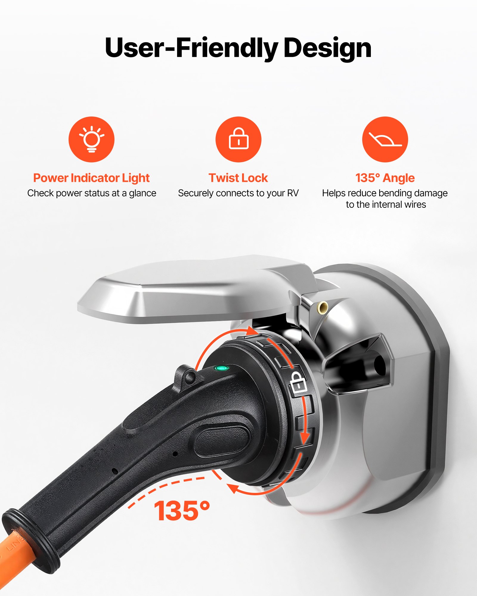 Cable de alimentación para vehículos recreativos VEVOR de 30 amperios y 7,6 metros (25 pies), 125 V 3750 W, cable para generador STW de alta resistencia de calibre 10/3, NEMA TT-30P a NEMA L5-30R, con bloqueo giratorio, luz indicadora, asa de agarre, adaptador de 15 A, para remolques de vehículos recreativos, color naranja.