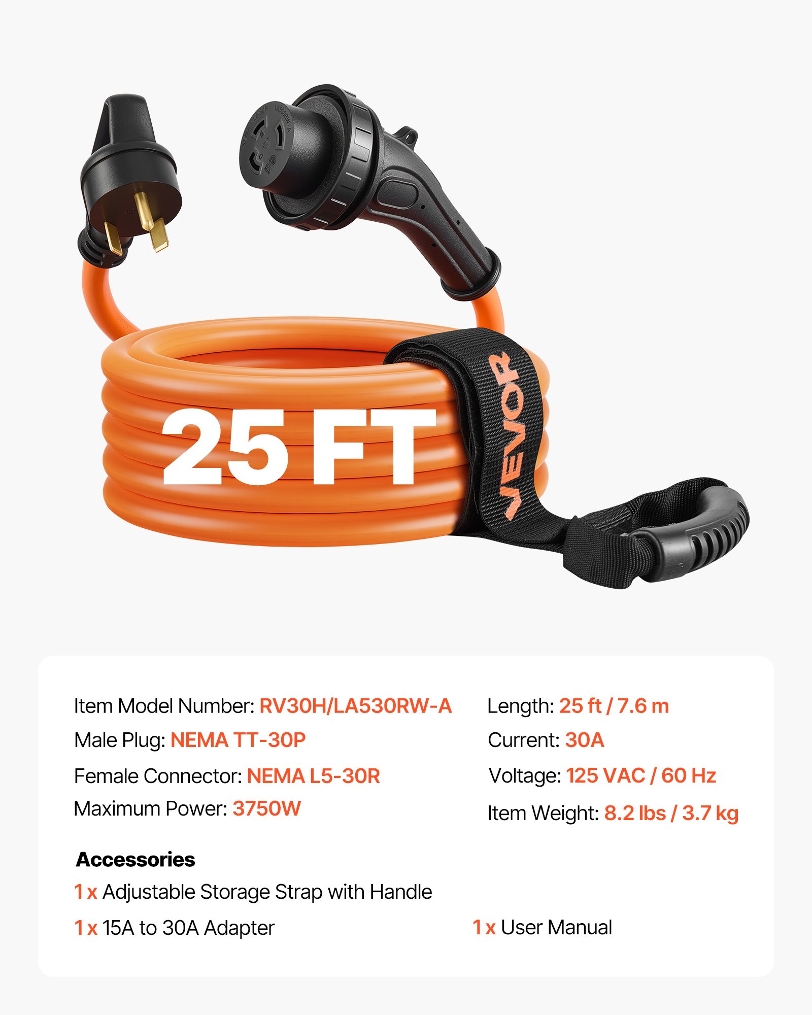 Cable de alimentación para vehículos recreativos VEVOR de 30 amperios y 7,6 metros (25 pies), 125 V 3750 W, cable para generador STW de alta resistencia de calibre 10/3, NEMA TT-30P a NEMA L5-30R, con bloqueo giratorio, luz indicadora, asa de agarre, adaptador de 15 A, para remolques de vehículos recreativos, color naranja.