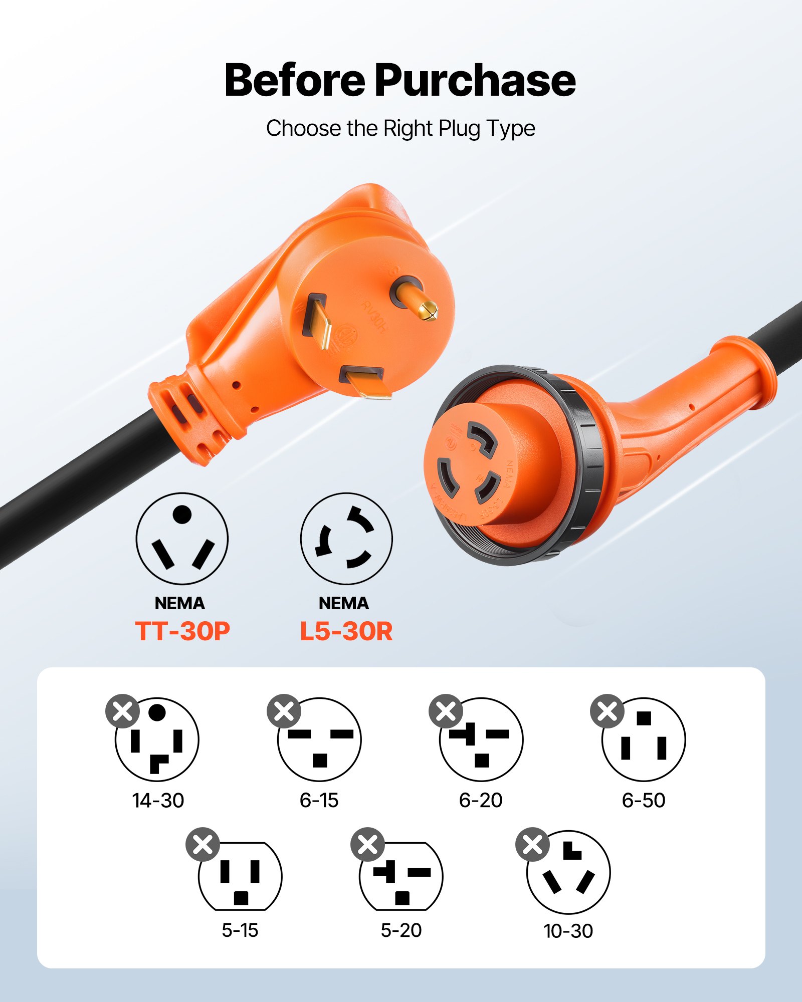 Cable de alimentación para vehículos recreativos VEVOR de 30 amperios y 7,6 metros (25 pies), 125 V 3750 W, cable para generador STW de alta resistencia de calibre 10/3, NEMA TT-30P a NEMA L5-30R, con bloqueo giratorio, luz indicadora, asa de agarre, adaptador de 15 A, para remolques de vehículos recreativos, color negro.