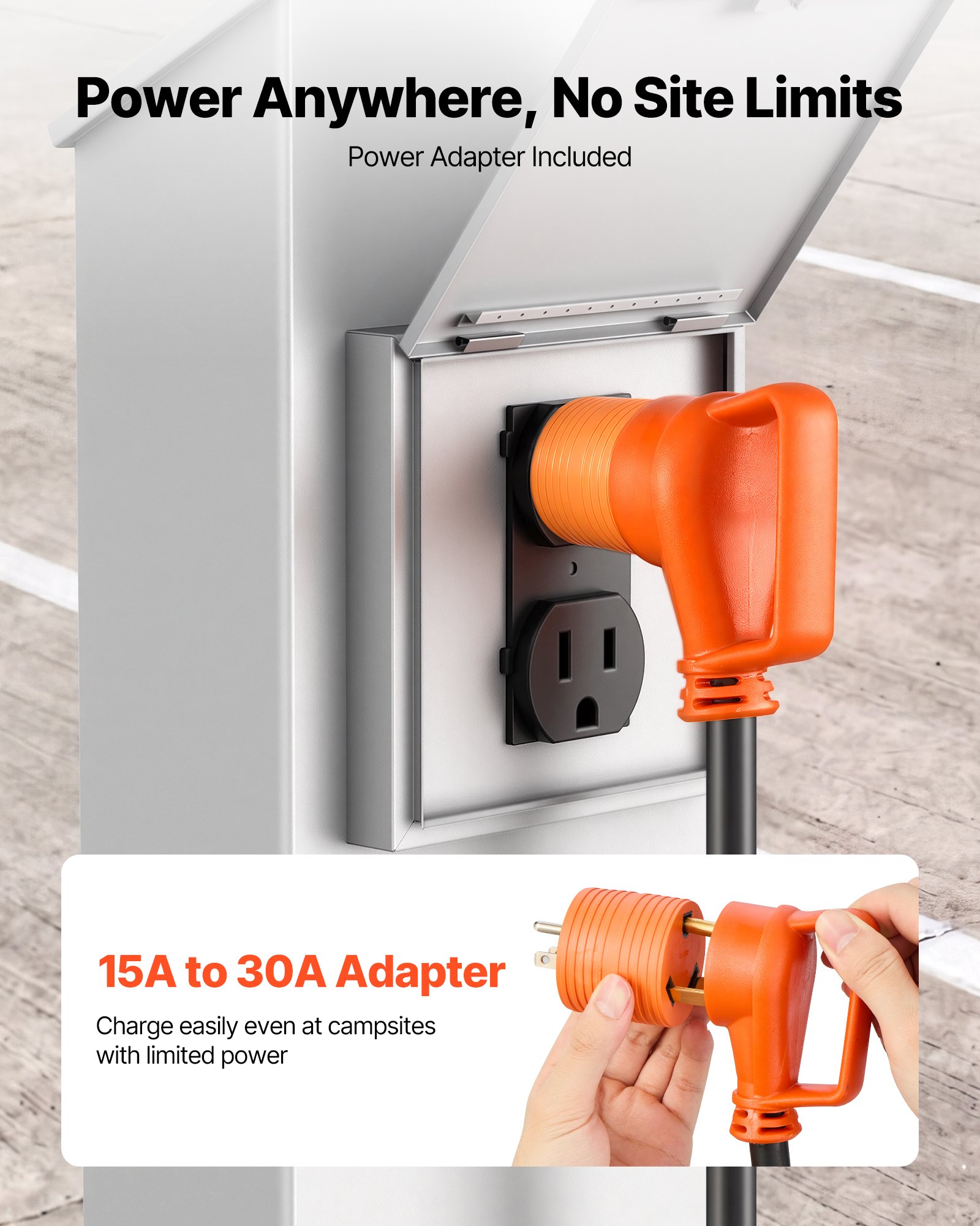 Cable de alimentación para vehículos recreativos VEVOR de 30 amperios y 7,6 metros (25 pies), 125 V 3750 W, cable para generador STW de alta resistencia de calibre 10/3, NEMA TT-30P a NEMA L5-30R, con bloqueo giratorio, luz indicadora, asa de agarre, adaptador de 15 A, para remolques de vehículos recreativos, color negro.