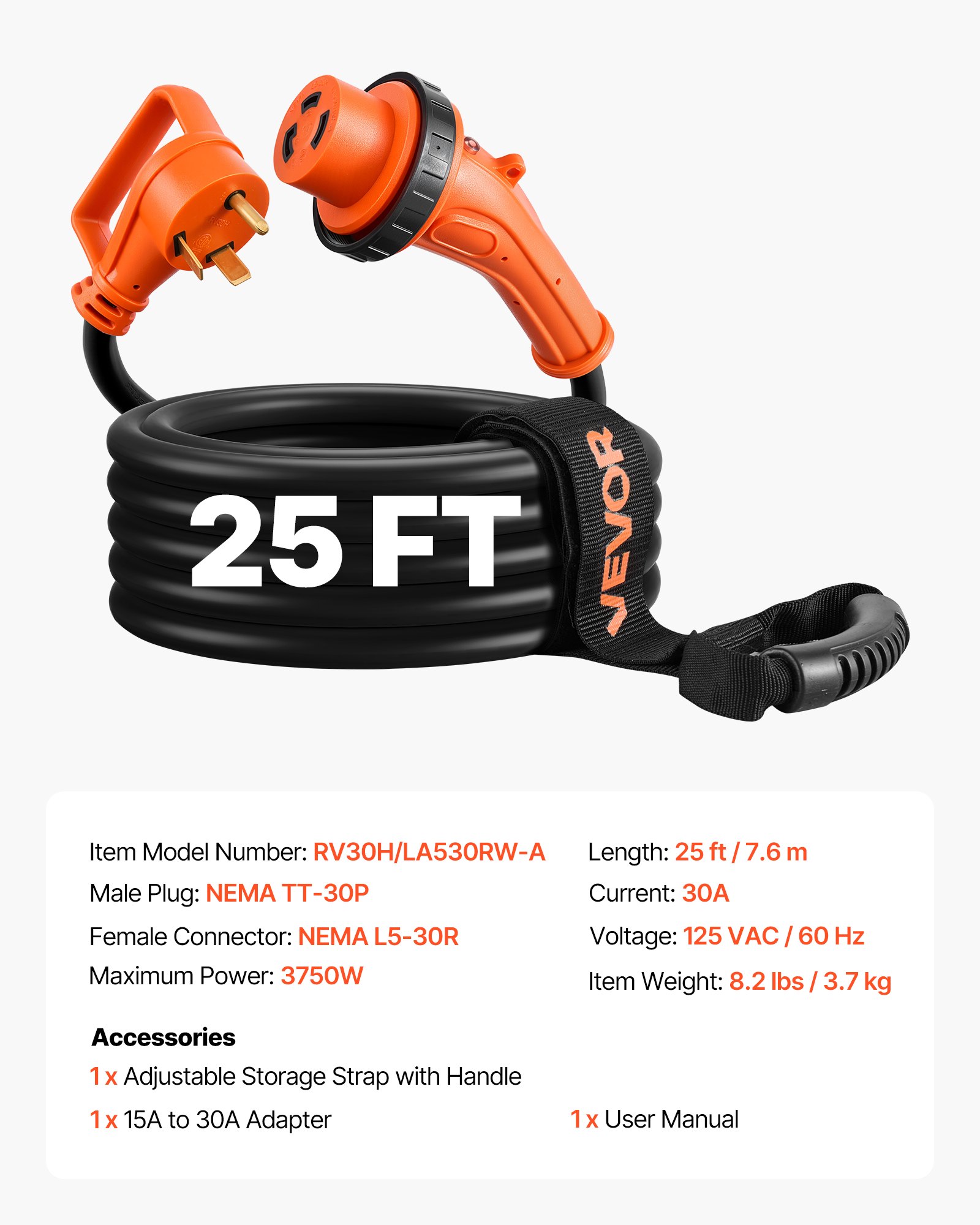 Cable de alimentación para vehículos recreativos VEVOR de 30 amperios y 7,6 metros (25 pies), 125 V 3750 W, cable para generador STW de alta resistencia de calibre 10/3, NEMA TT-30P a NEMA L5-30R, con bloqueo giratorio, luz indicadora, asa de agarre, adaptador de 15 A, para remolques de vehículos recreativos, color negro.