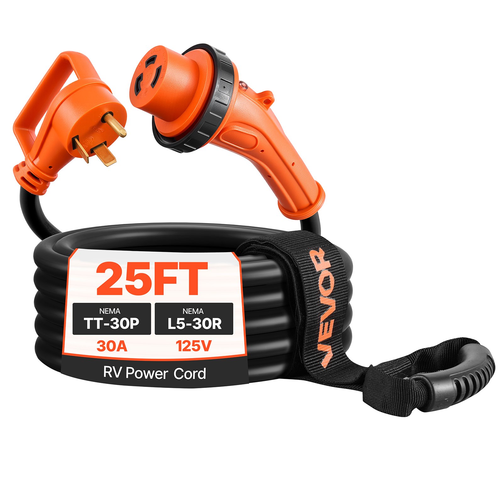 Cable de alimentación para vehículos recreativos VEVOR de 30 amperios y 7,6 metros (25 pies), 125 V 3750 W, cable para generador STW de alta resistencia de calibre 10/3, NEMA TT-30P a NEMA L5-30R, con bloqueo giratorio, luz indicadora, asa de agarre, adaptador de 15 A, para remolques de vehículos recreativos, color negro.